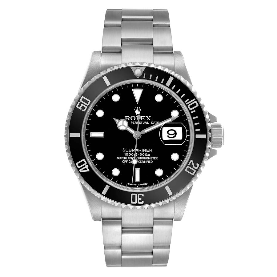 The Rolex Submariner 16610 Men's Stainless Steel Black Dial watch is shown from the front, displaying the bezel, dial, bracelet, and date window.
