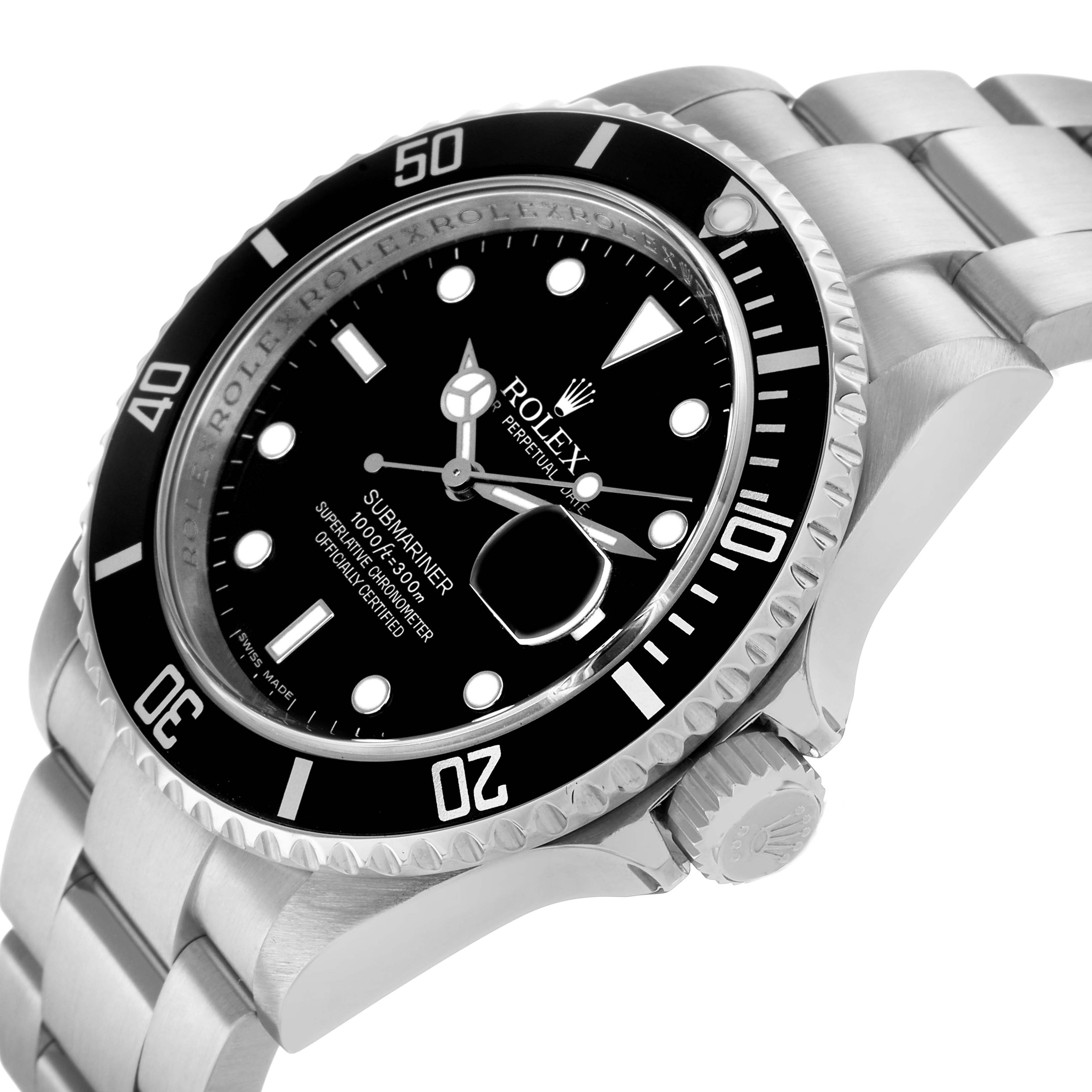 The image shows a Rolex Submariner 16610 Men's Stainless Steel Black Dial watch from a side angle, highlighting the bezel, crown, and part of the bracelet.