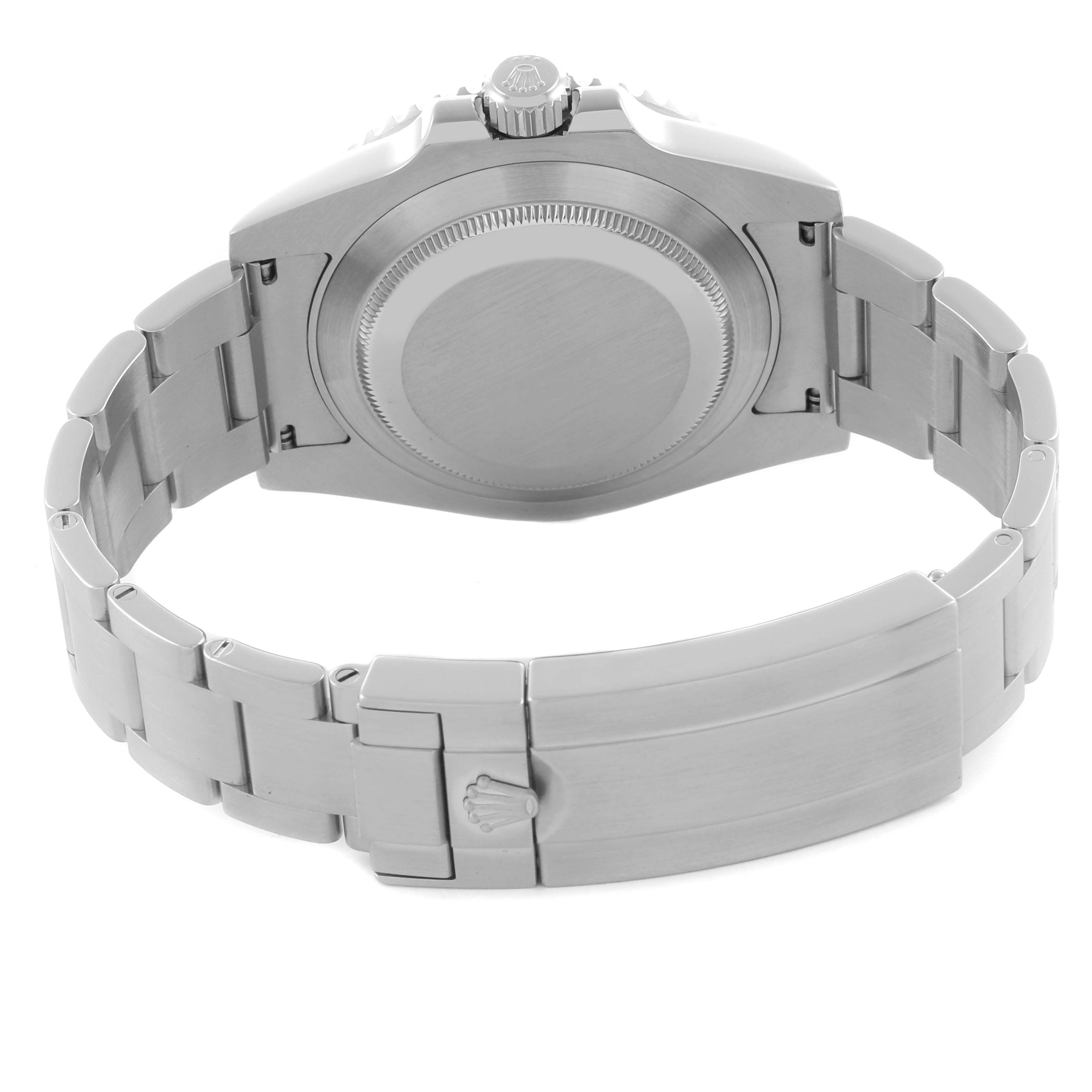 The image shows the back of the Rolex Submariner 116610LV Men's Stainless Steel Green Dial 116610LV Men's Stainless Steel Green Dial watch, highlighting the case back and bracelet clasp.