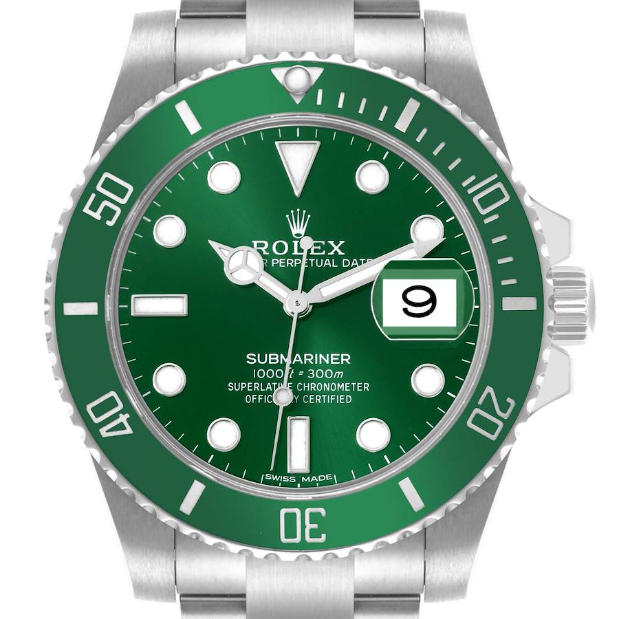 The image shows a front view of the Rolex Submariner watch, featuring its green dial, bezel, and date window.