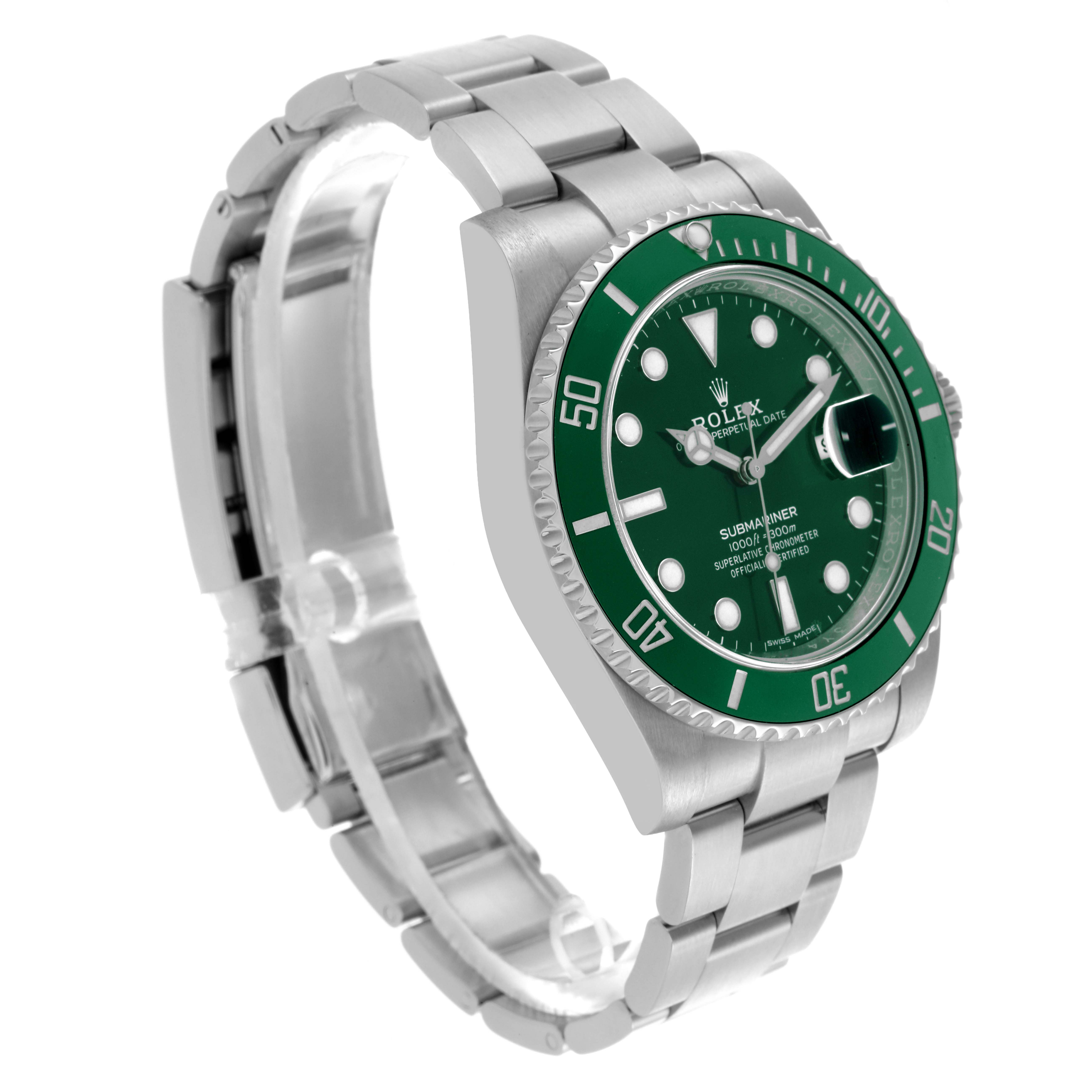 The Rolex Submariner 116610LV Men's Stainless Steel Green Dial 116610LV Men's Stainless Steel Green Dial watch is shown at an angled side view, highlighting the face, bezel, bracelet, and crown.