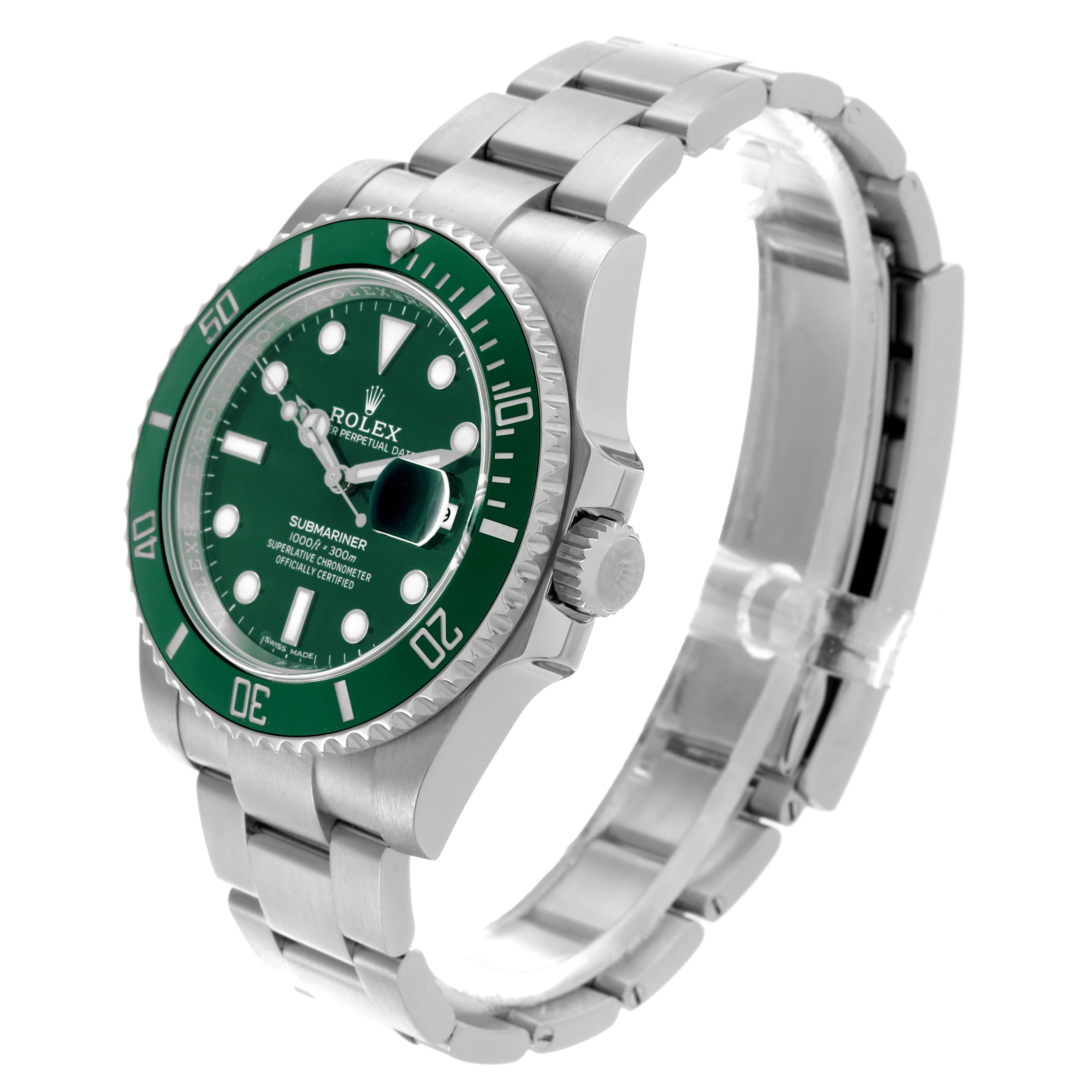 The Rolex Submariner 116610LV Men's Stainless Steel Green Dial 116610LV Men's Stainless Steel Green Dial watch is shown from a front-side angle, displaying its face, bezel, and part of the bracelet.