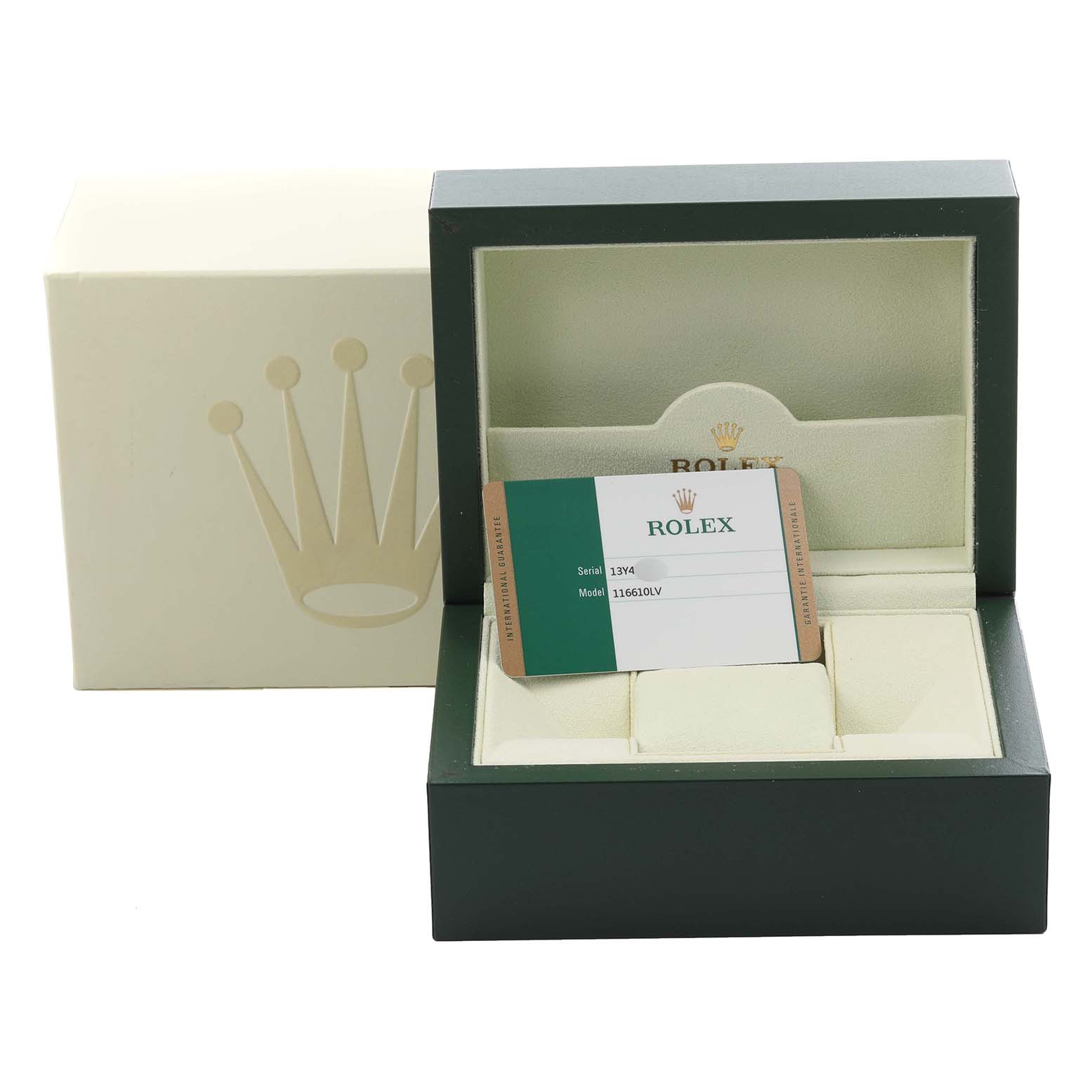 The image shows a Rolex Submariner 116610LV Men's Stainless Steel Green Dial 116610LV Men's Stainless Steel Green Dial watch box and warranty card, viewed from the front.