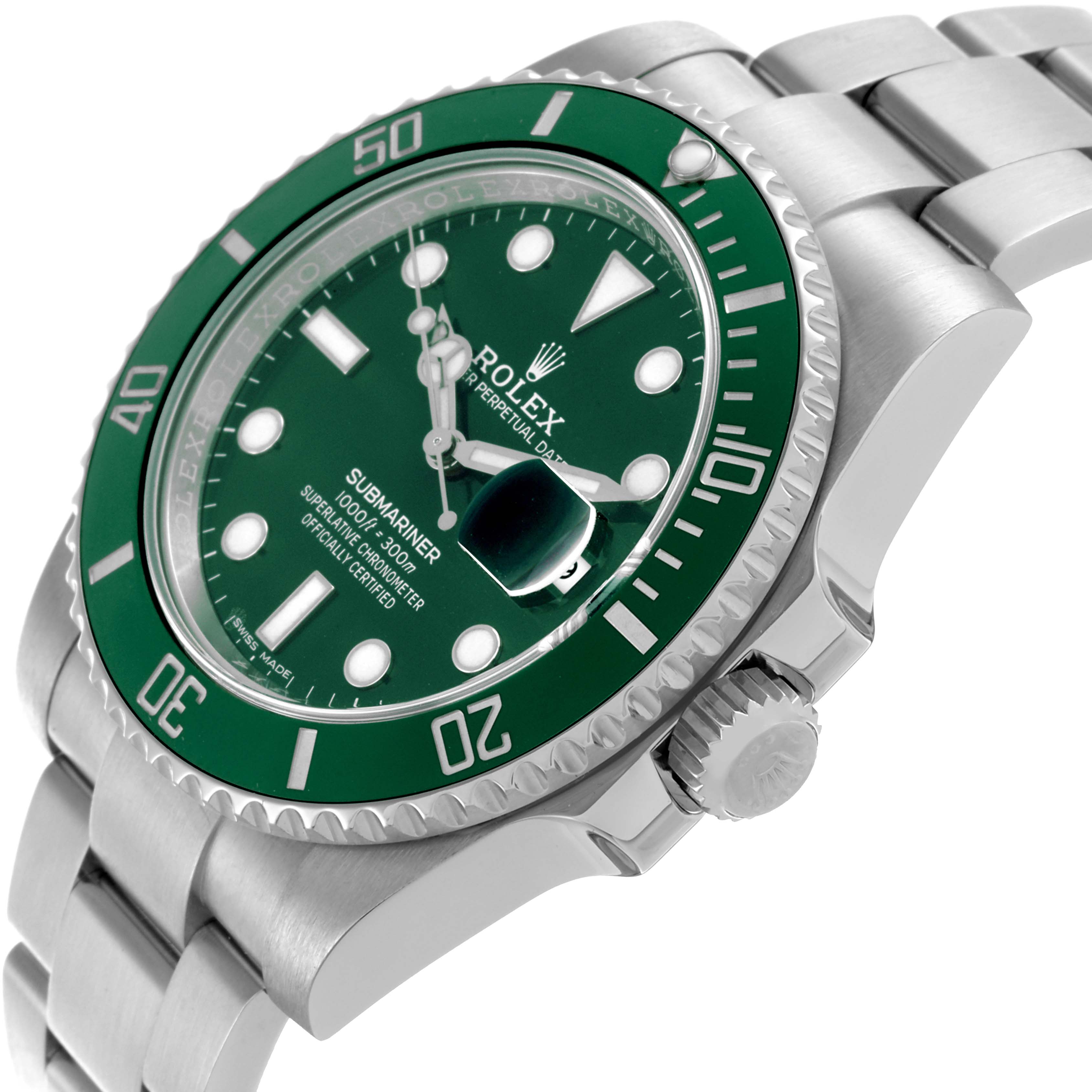 The Rolex Submariner 116610LV Men's Stainless Steel Green Dial 116610LV Men's Stainless Steel Green Dial is shown from a side angle, displaying the bezel, crown, dial, and part of the bracelet.