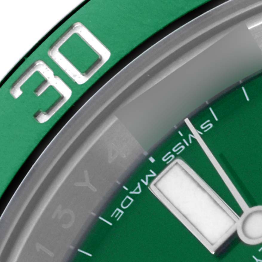 The image shows a close-up of the dial and bezel of the Rolex Submariner 116610LV Men's Stainless Steel Green Dial 116610LV Men's Stainless Steel Green Dial, focusing on the "30" minute marker.