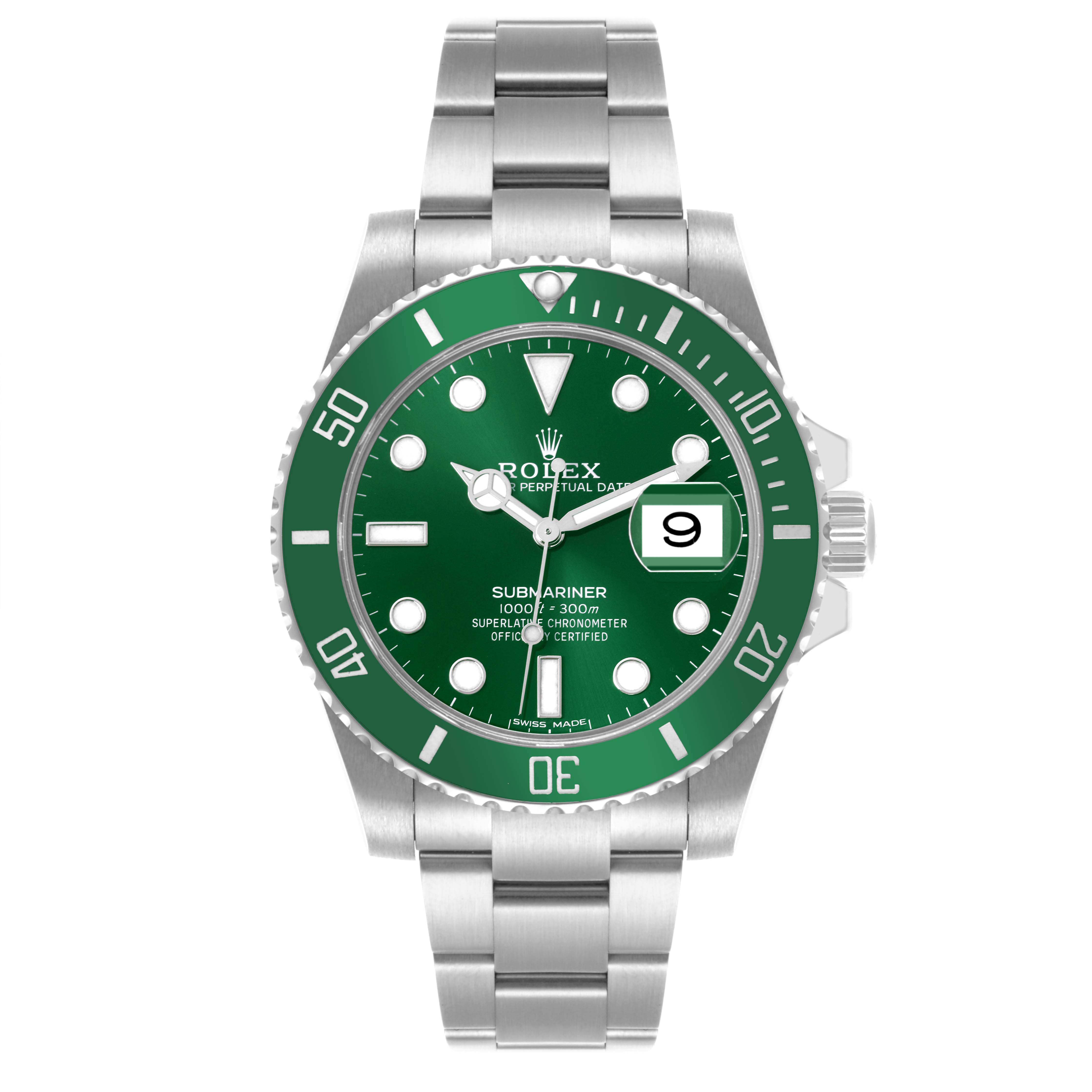 The Rolex Submariner 116610LV Men's Stainless Steel Green Dial 116610LV Men's Stainless Steel Green Dial is shown from the front, displaying the green dial, bezel, and metal bracelet.
