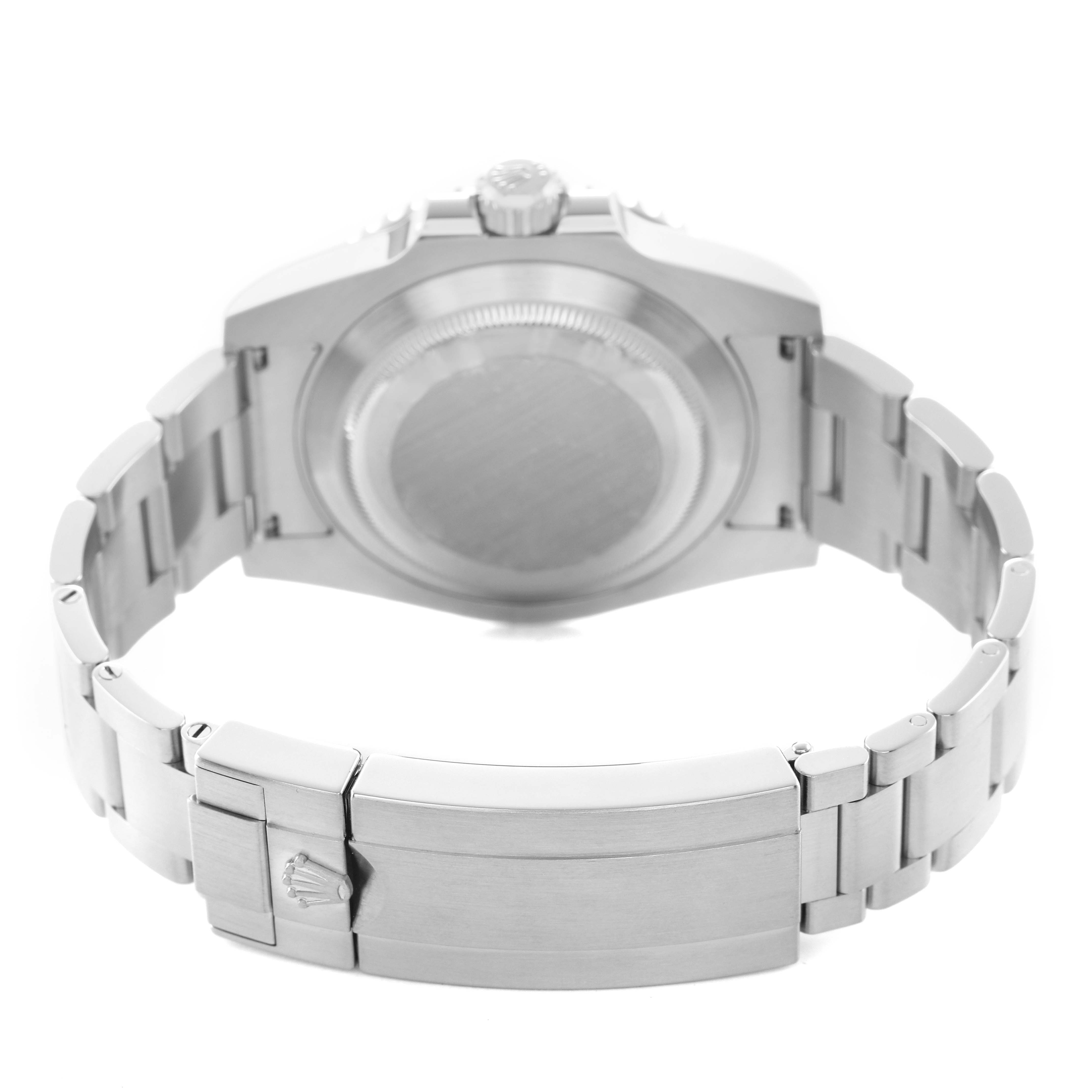 The image shows the back of the Rolex Submariner 116610LV Men's Stainless Steel Green Dial, highlighting the case back and clasp from a rear angle.