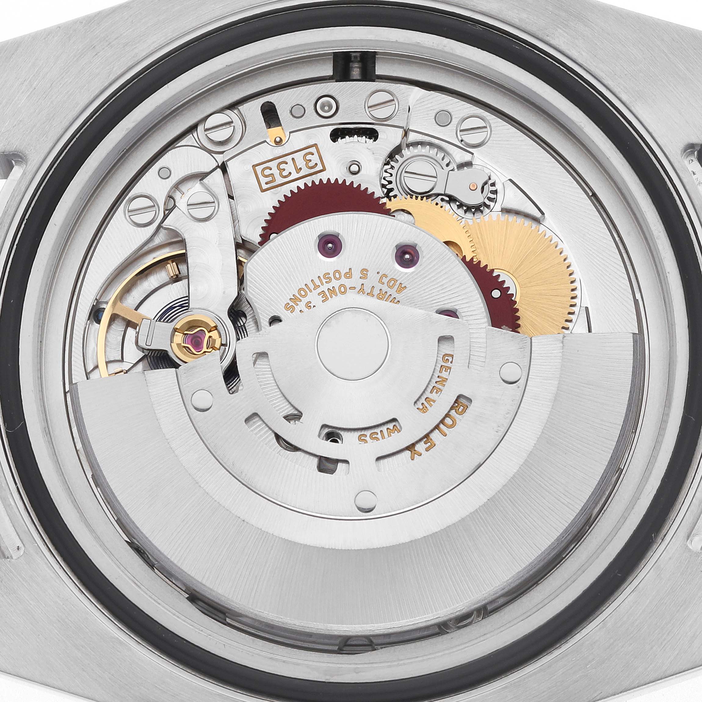 The image shows the inner mechanical movement of a Rolex Submariner 116610LV Men's Stainless Steel Green Dial watch from a top-down perspective.