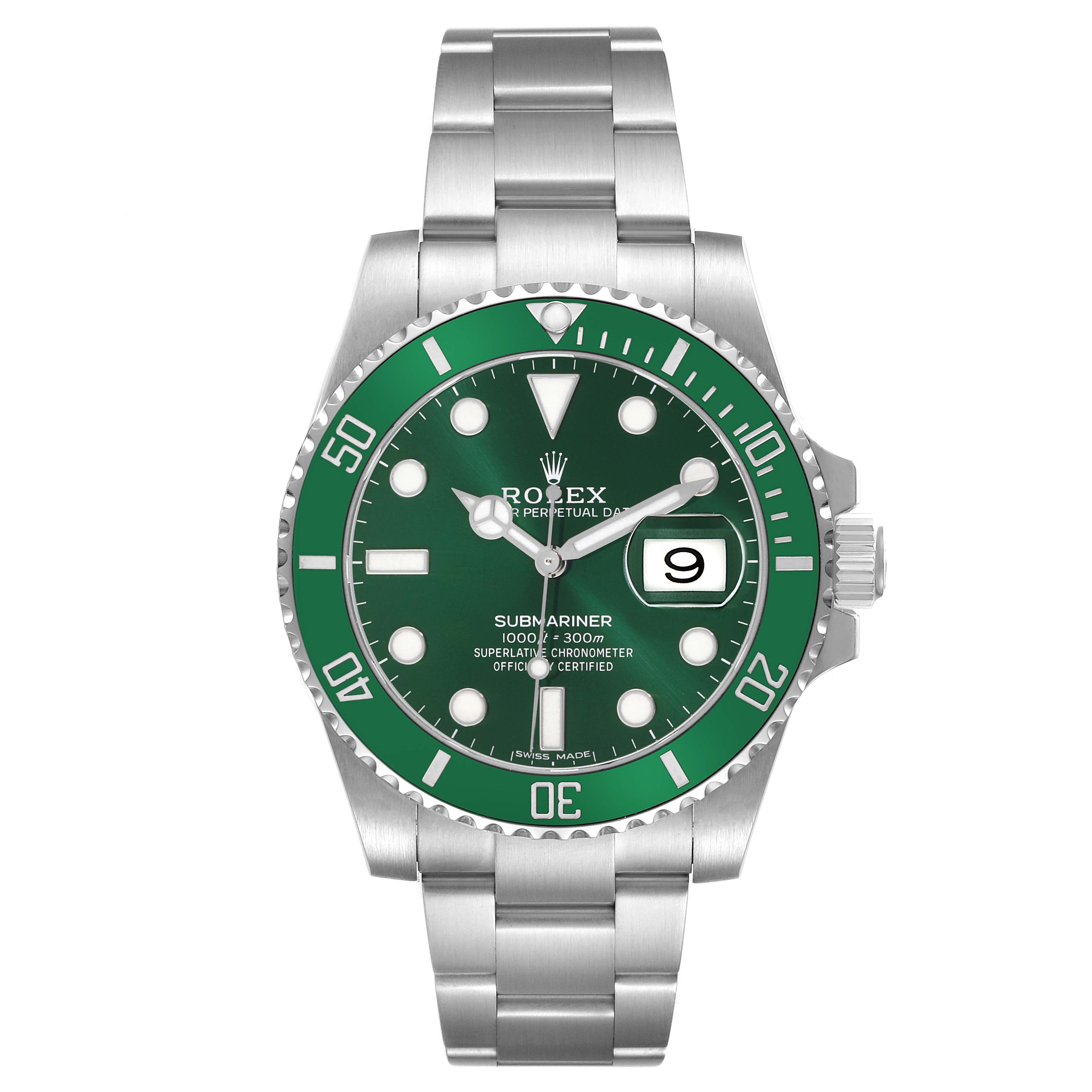 The Rolex Submariner 116610LV Men's Stainless Steel Green Dial watch is shown from a front angle, featuring a green bezel, green dial, and stainless steel bracelet.