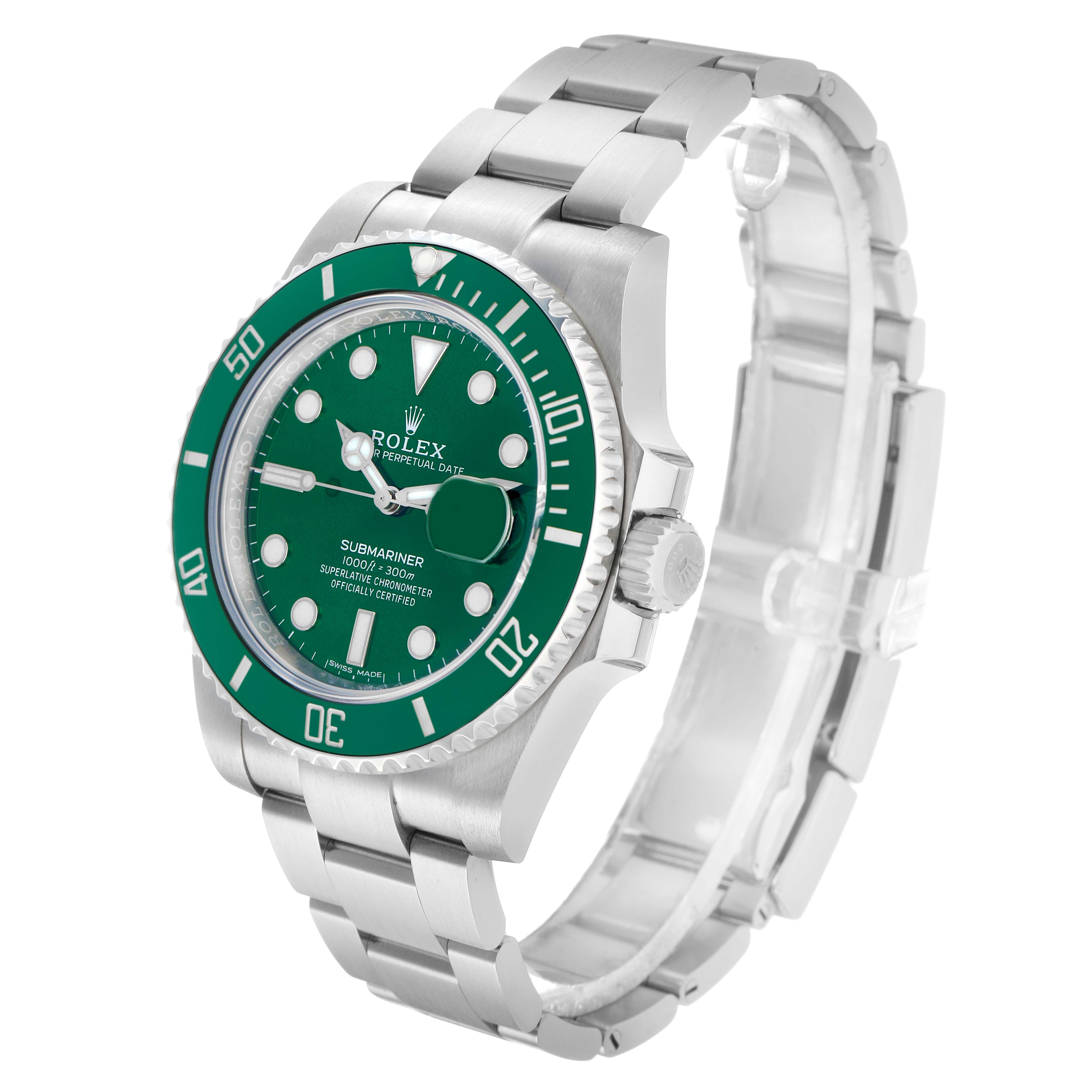 The Rolex Submariner 116610LV Men's Stainless Steel Green Dial is shown from a three-quarter angle, highlighting the bracelet, bezel, and watch face.