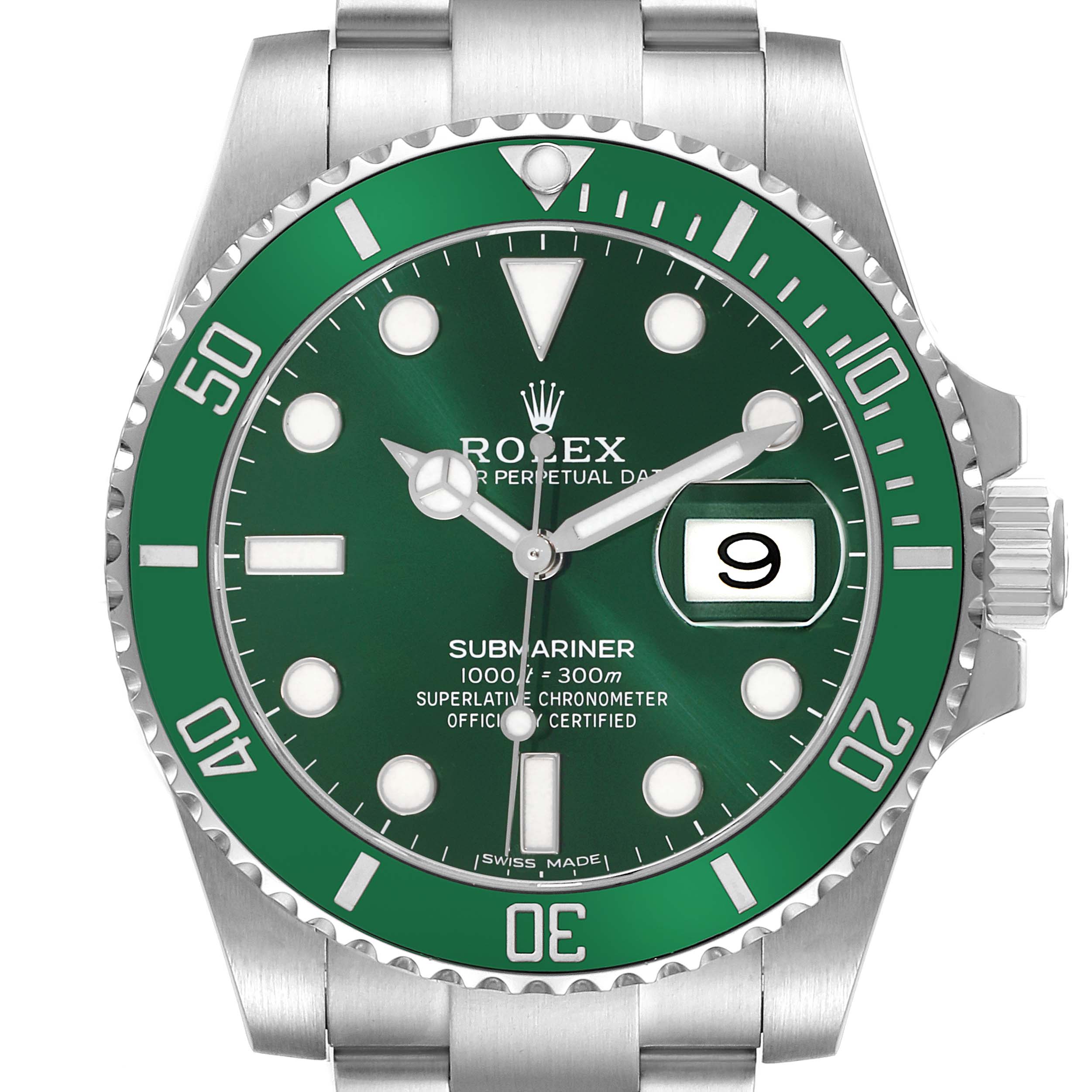 The Rolex Submariner 116610LV Men's Stainless Steel Green Dial watch is shown from the front, displaying its green dial, bezel, hands, markers, and date window.