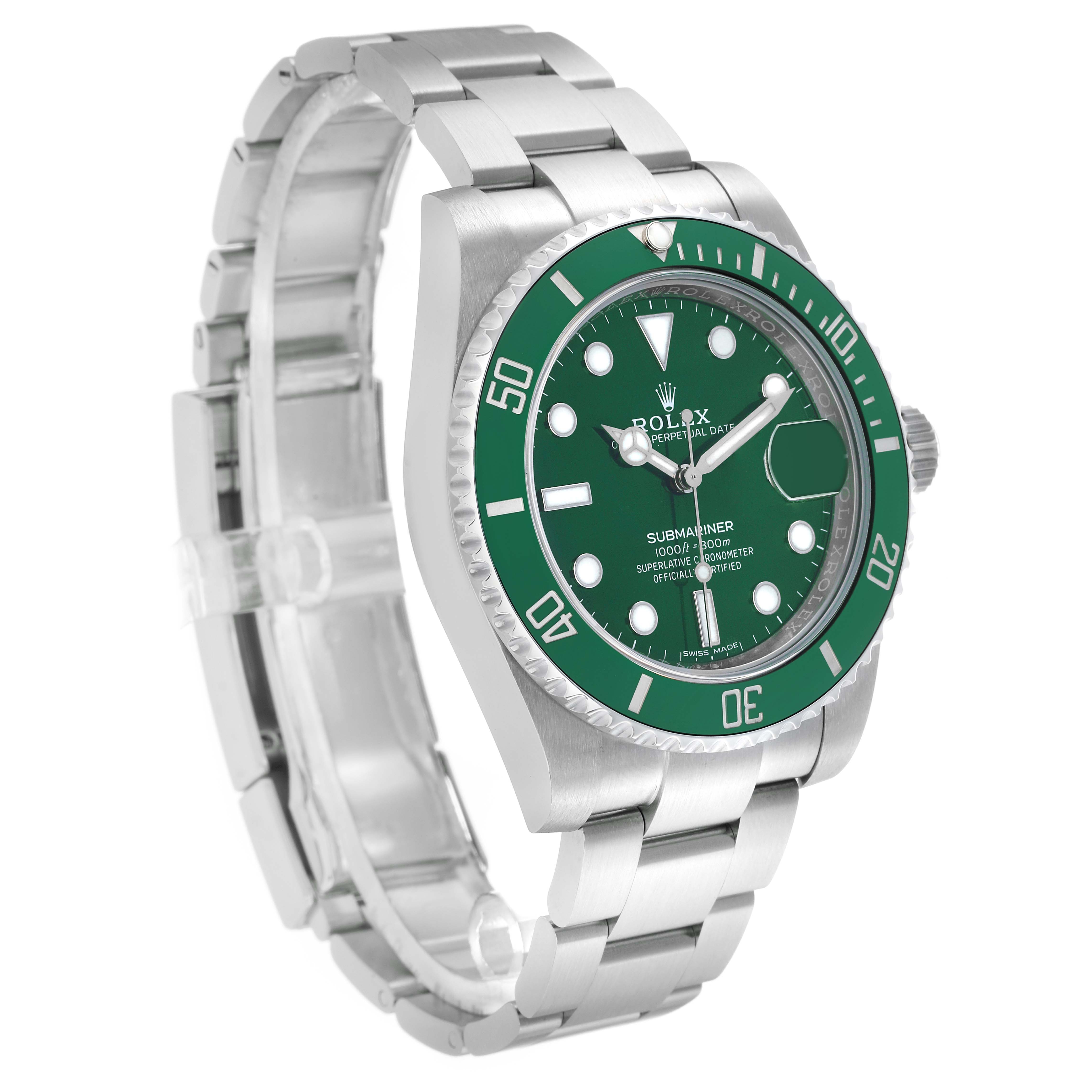 The Rolex Submariner 116610LV Men's Stainless Steel Green Dial watch is shown at an angled view, highlighting the green bezel, dial, and stainless steel bracelet.