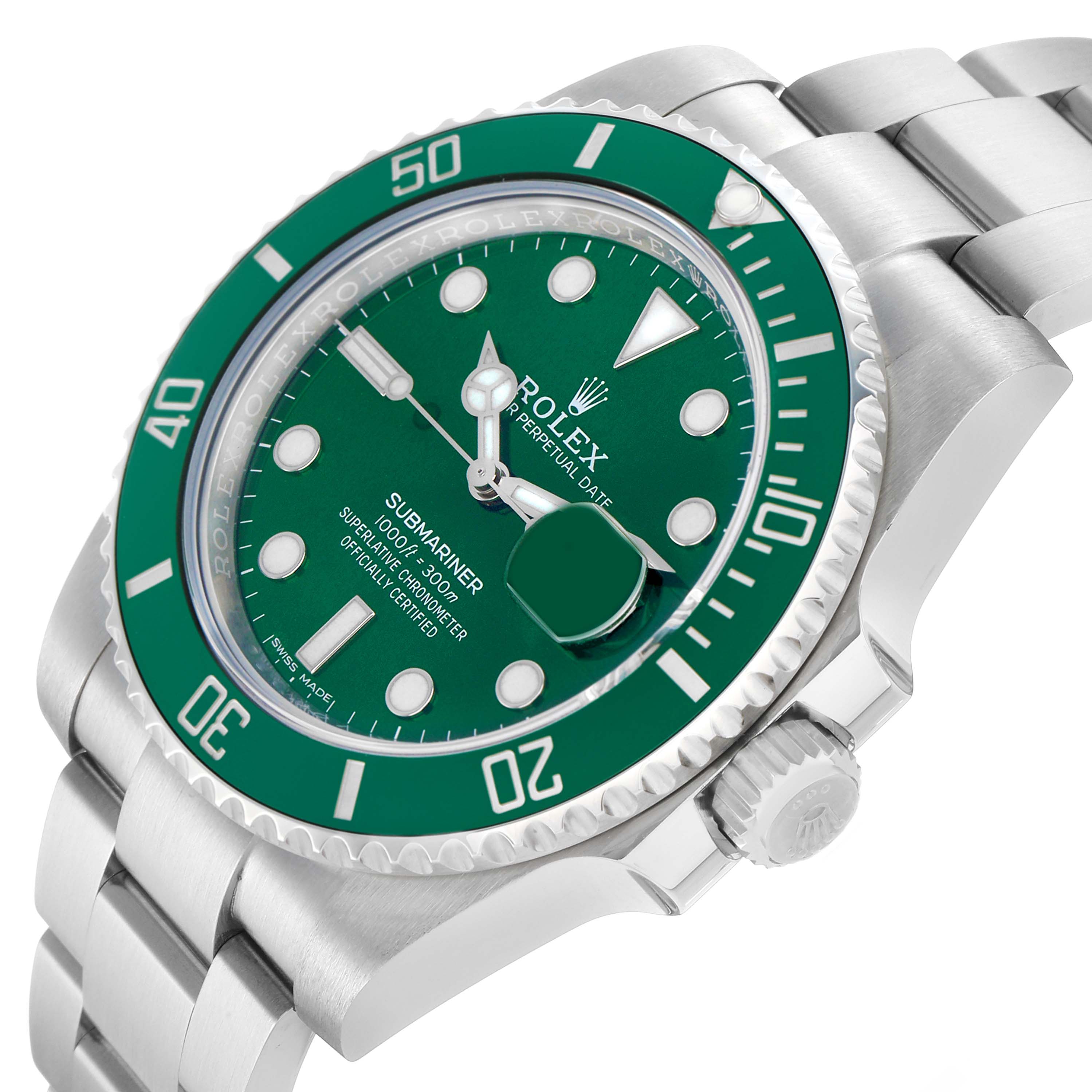 The Rolex Submariner 116610LV Men's Stainless Steel Green Dial watch is shown at an angled view highlighting the green bezel, dial, bracelet, and crown.