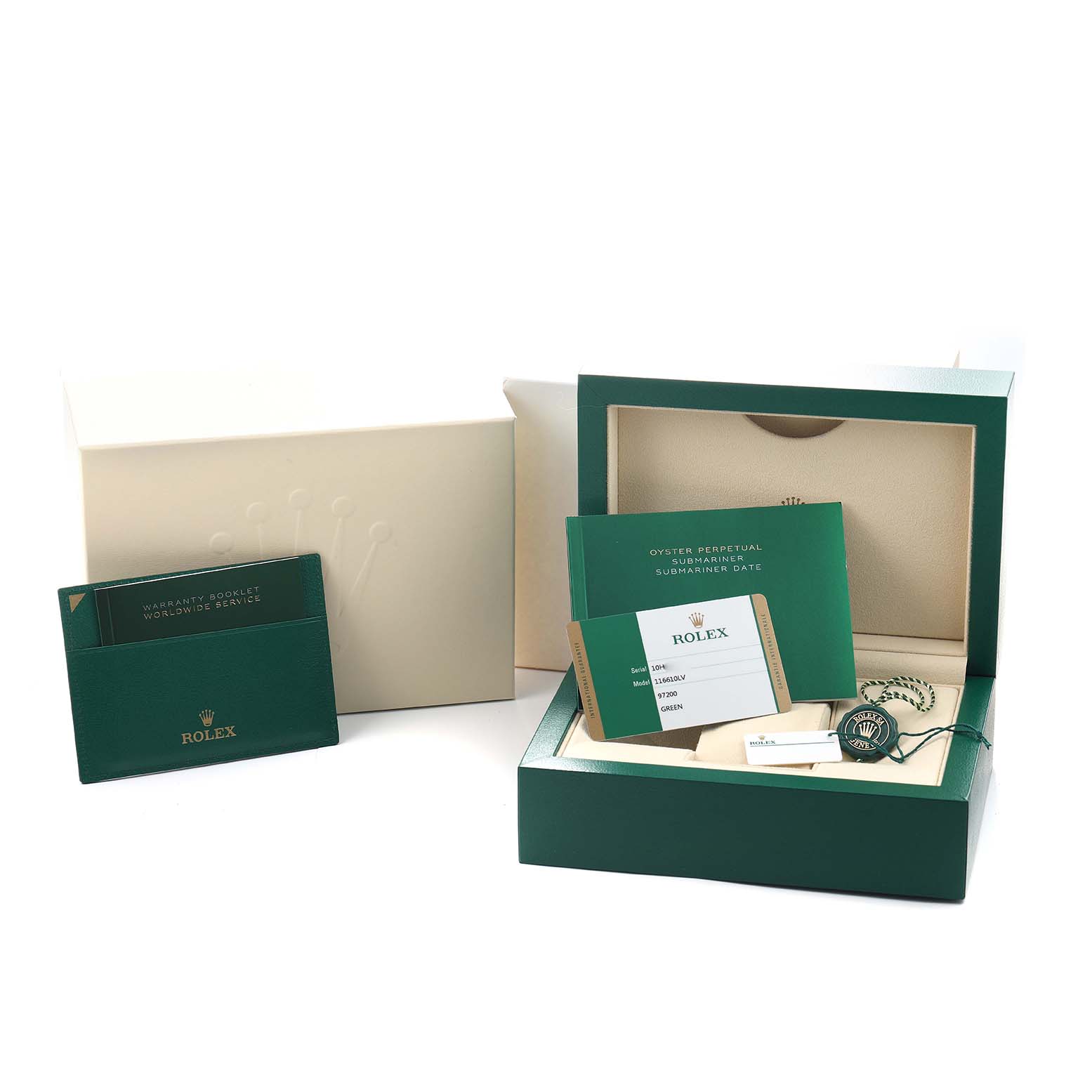 The image shows packaging and accessories for a Rolex Submariner 116610LV Men's Stainless Steel Green Dial, including a box, warranty booklet, and tag.