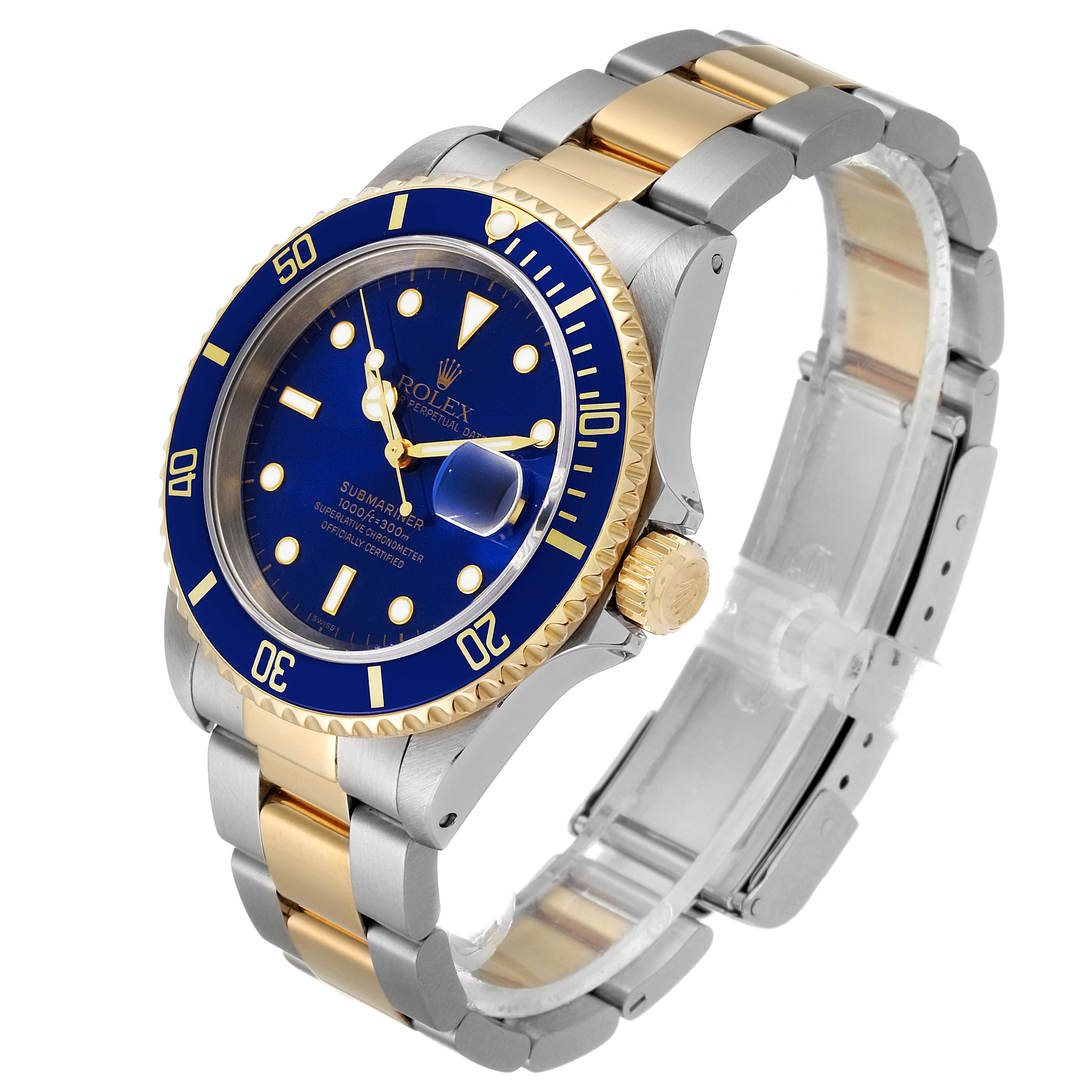 The Rolex Submariner 16613 Men's Steel and Gold (two tone) Blue Dial 16613 Men's Steel and Gold (two tone) Blue Dial watch is shown from a 3/4 angle, highlighting the face, bezel, crown, and two-tone bracelet.