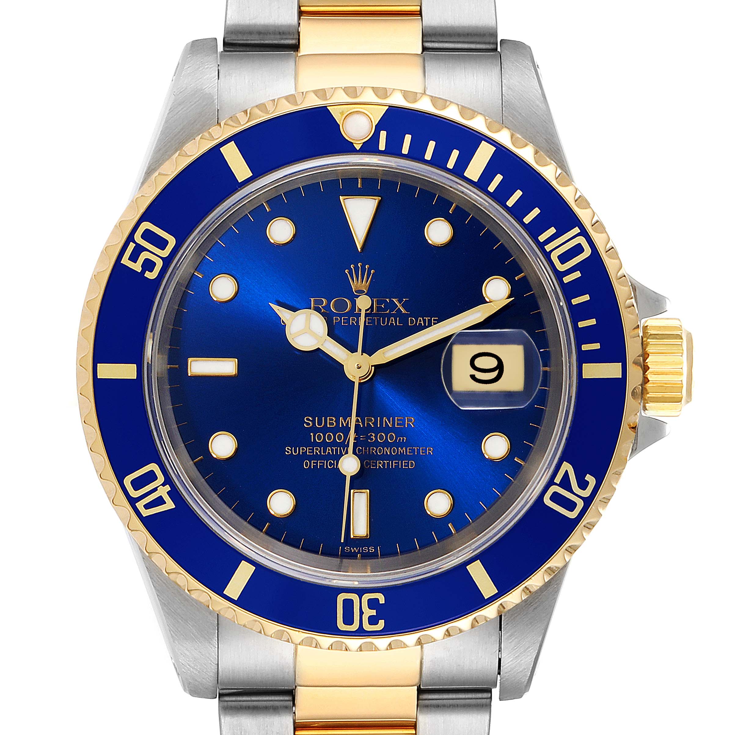 The Rolex Submariner 16613 Men's Steel and Gold (two tone) Blue Dial 16613 Men's Steel and Gold (two tone) Blue Dial watch is shown from the front, highlighting the blue and gold bezel, dial, hands, and date window.