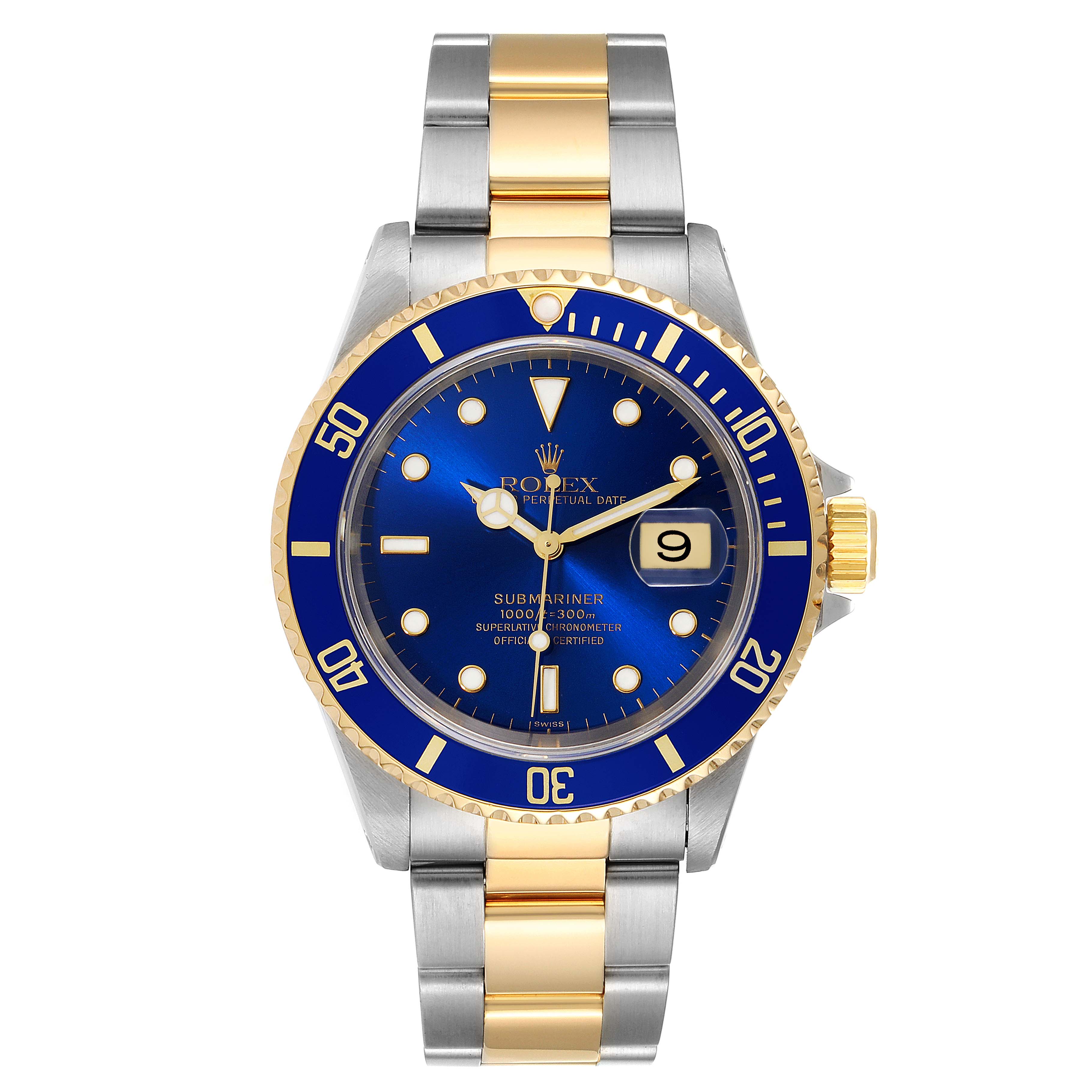 The image shows a Rolex Submariner 16613 Men's Steel and Gold (two tone) Blue Dial 16613 Men's Steel and Gold (two tone) Blue Dial watch from a front angle, highlighting its blue dial, bezel, and two-tone metal bracelet.