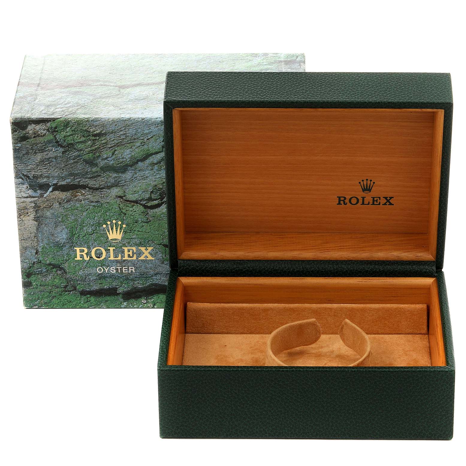 This image shows an open green Rolex Submariner 16613 Men's Steel and Gold (two tone) Blue Dial 16613 Men's Steel and Gold (two tone) Blue Dial watch box with its wooden interior and a separated outer box.