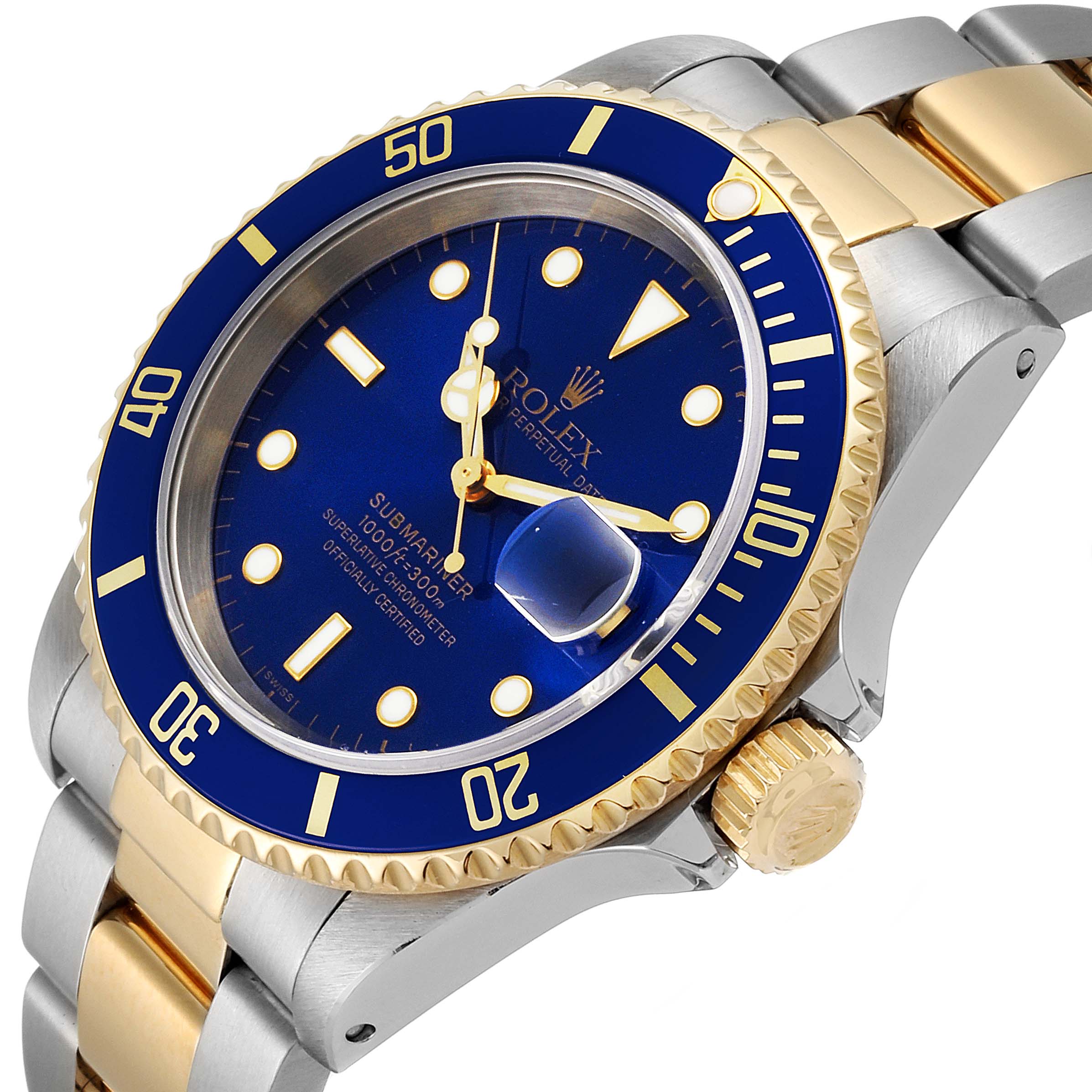The image shows a detailed view of the face, bezel, crown, and bracelet of the Rolex Submariner 16613 Men's Steel and Gold (two tone) Blue Dial 16613 Men's Steel and Gold (two tone) Blue Dial watch at a slight side angle.