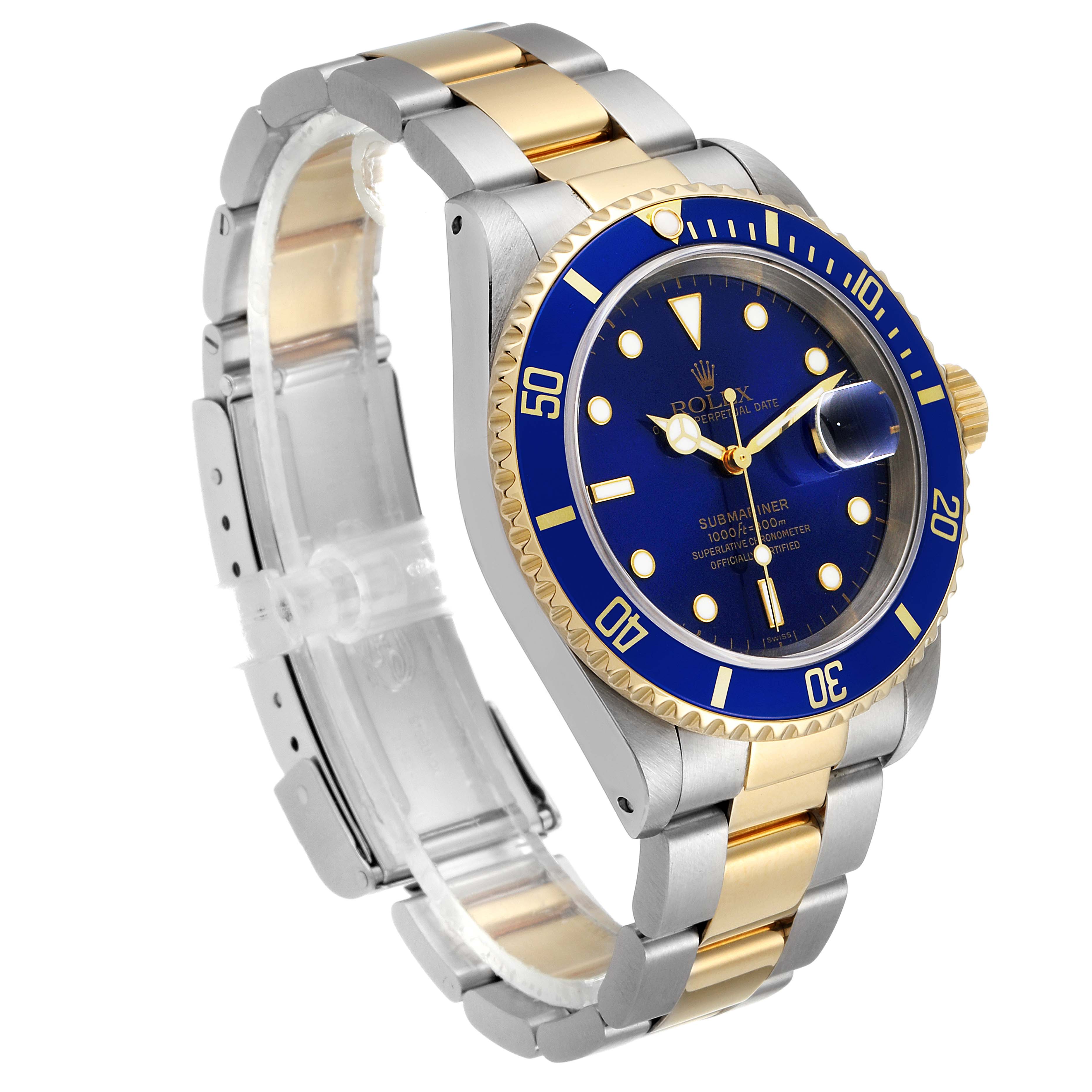 This image shows a Rolex Submariner 16613 Men's Steel and Gold (two tone) Blue Dial 16613 Men's Steel and Gold (two tone) Blue Dial model watch at a three-quarter angle, highlighting the blue dial, bezel, and two-tone bracelet.