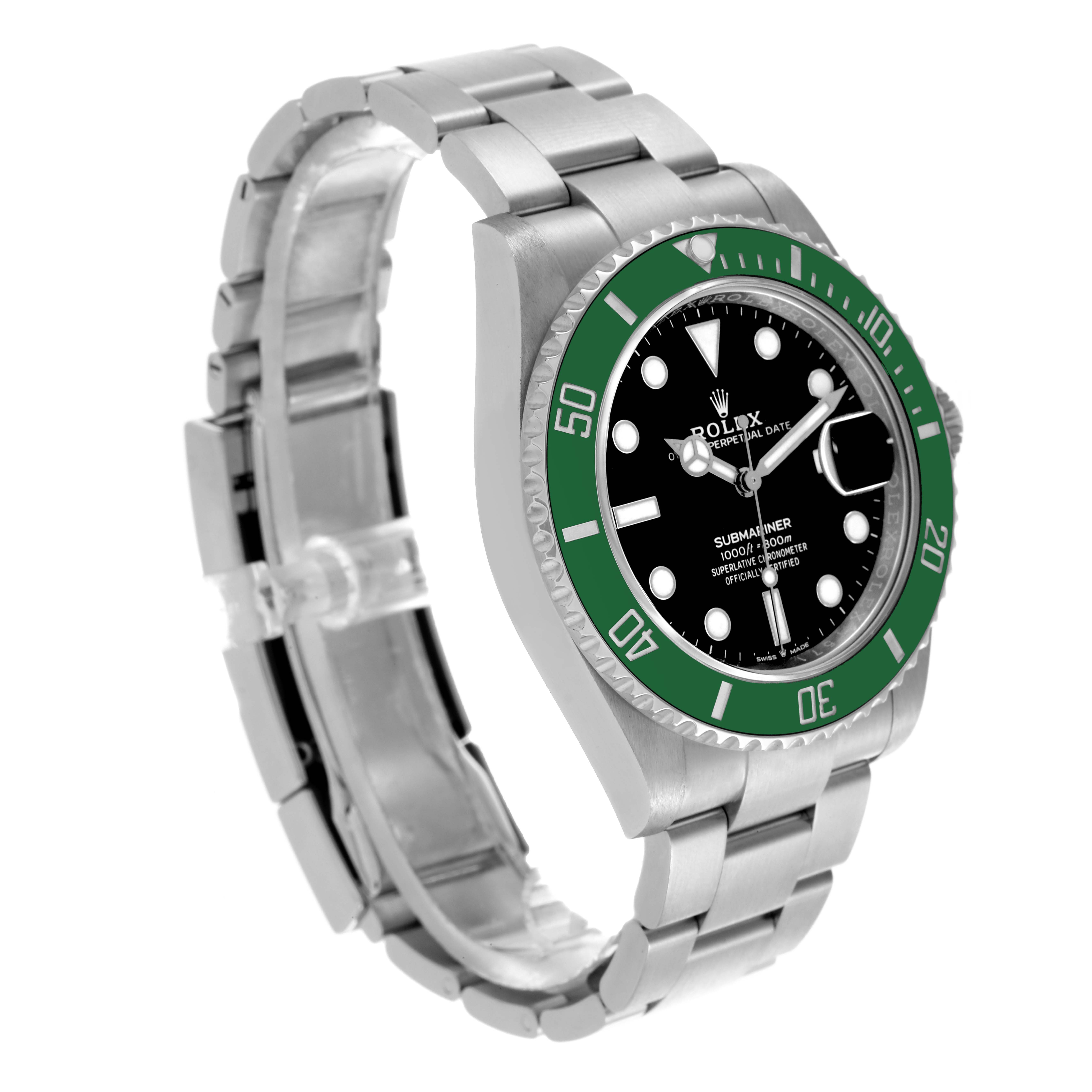 The Rolex Submariner 126610LV Men's Stainless Steel Black Dial 126610LV Men's Stainless Steel Black Dial watch is shown at a slight angle highlighting the face, bezel, and stainless steel bracelet.