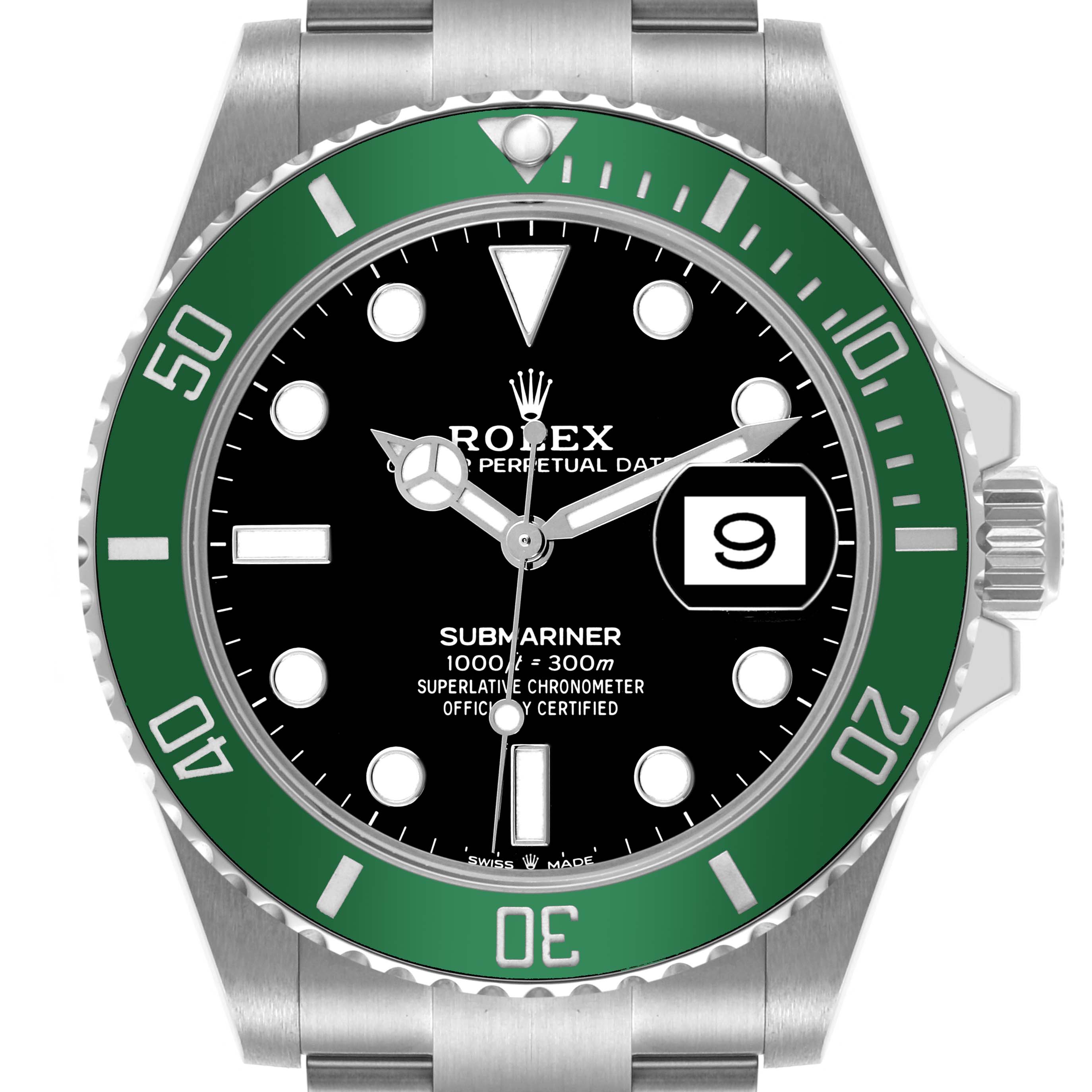 The Rolex Submariner 126610LV Men's Stainless Steel Black Dial 126610LV Men's Stainless Steel Black Dial watch is shown from the front, displaying the green bezel, black dial, and date window.