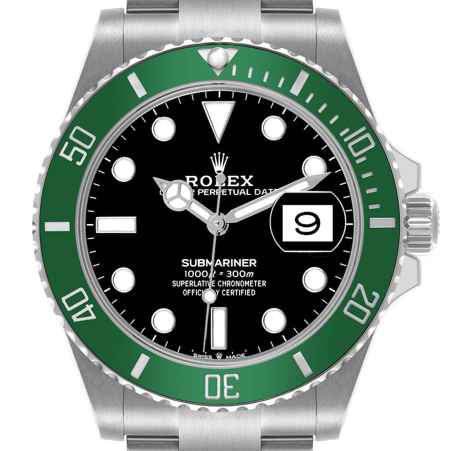 The Rolex Submariner watch is shown from the front, displaying the green bezel, black dial, and date window.