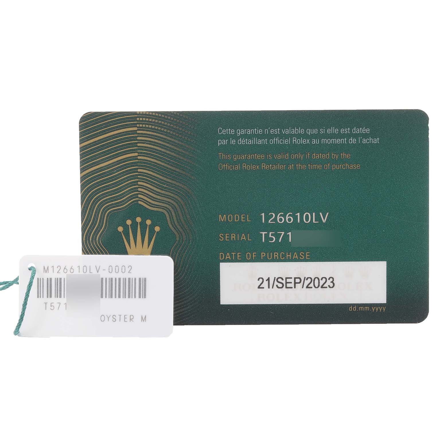 The image shows the warranty card and tag for a Rolex Submariner 126610LV Men's Stainless Steel Black Dial 126610LV Men's Stainless Steel Black Dial 126610LV.