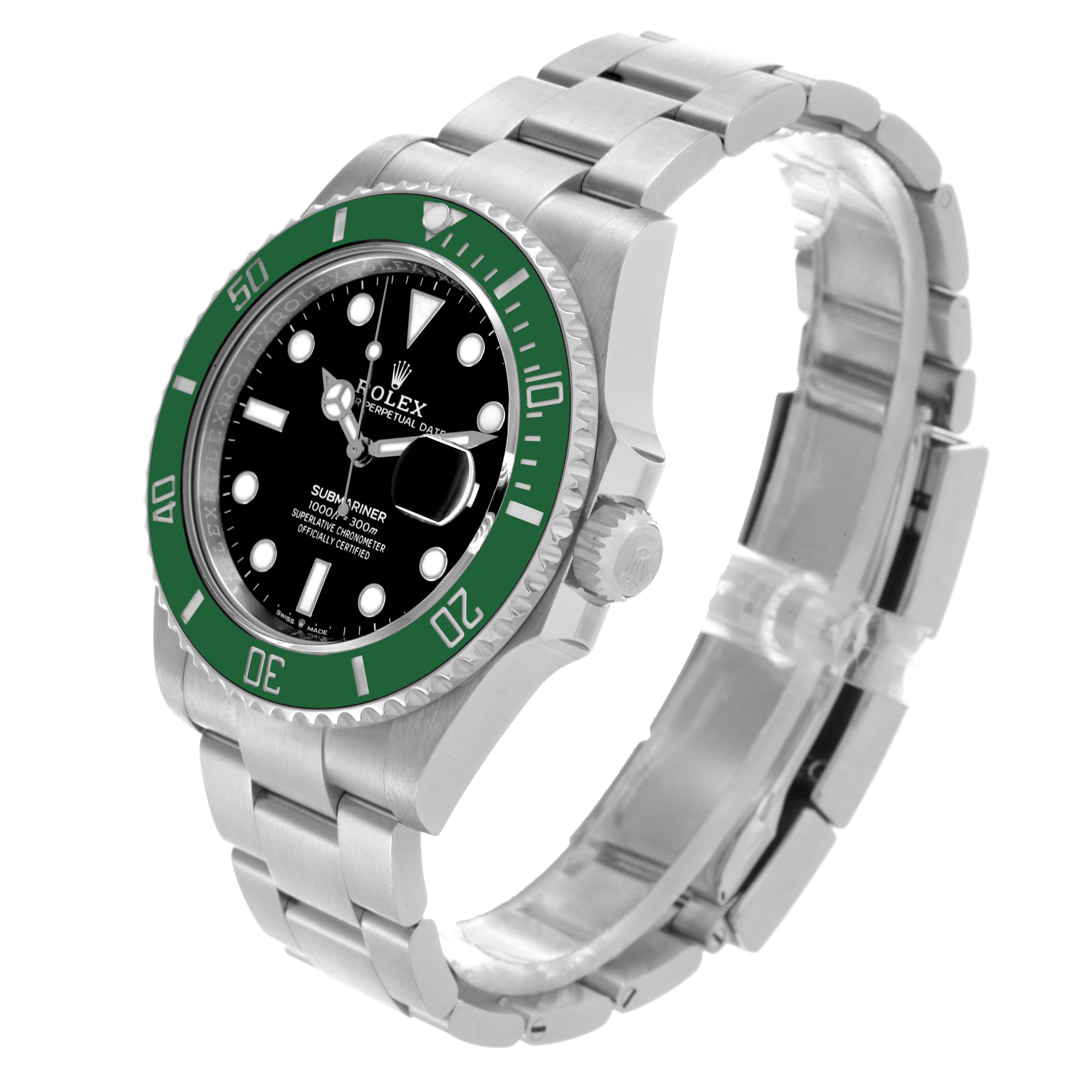 The Rolex Submariner 126610LV Men's Stainless Steel Black Dial 126610LV Men's Stainless Steel Black Dial watch is shown at an angled side view, displaying the green bezel, black dial, bracelet, and crown.