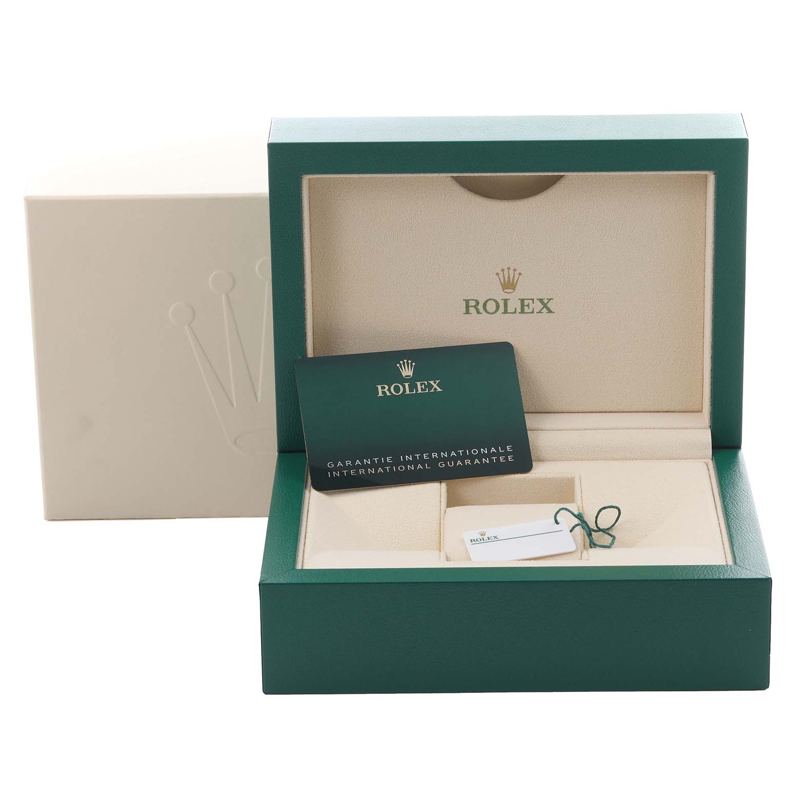 The image shows a Rolex Submariner 126610LV Men's Stainless Steel Black Dial 126610LV Men's Stainless Steel Black Dial box with guarantee card and tag, viewed from the front.