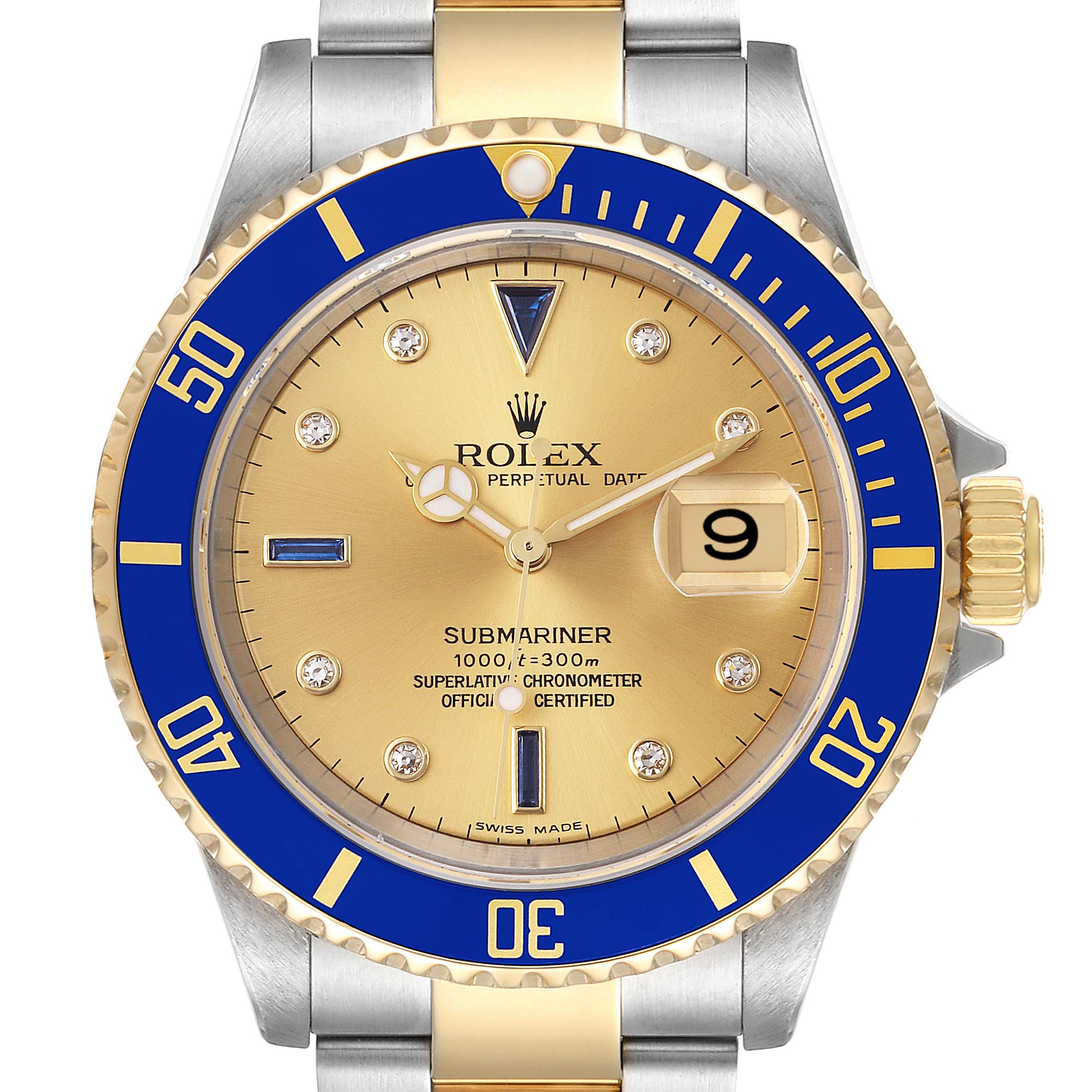 The image shows a Rolex Submariner 16613 Men's Steel and Gold (two tone) Champagne Dial 16613 Men's Steel and Gold (two tone) Champagne Dial watch from a front angle, highlighting its dial, bezel, bracelet, and crown.