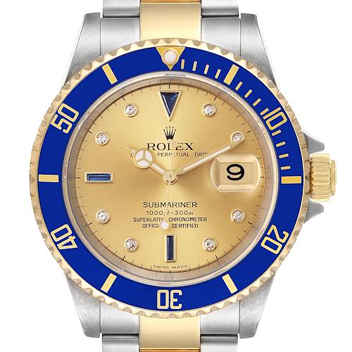 Photo of Rolex Submariner Steel Gold Diamond Sapphire Serti Dial Watch 16613 Box Card