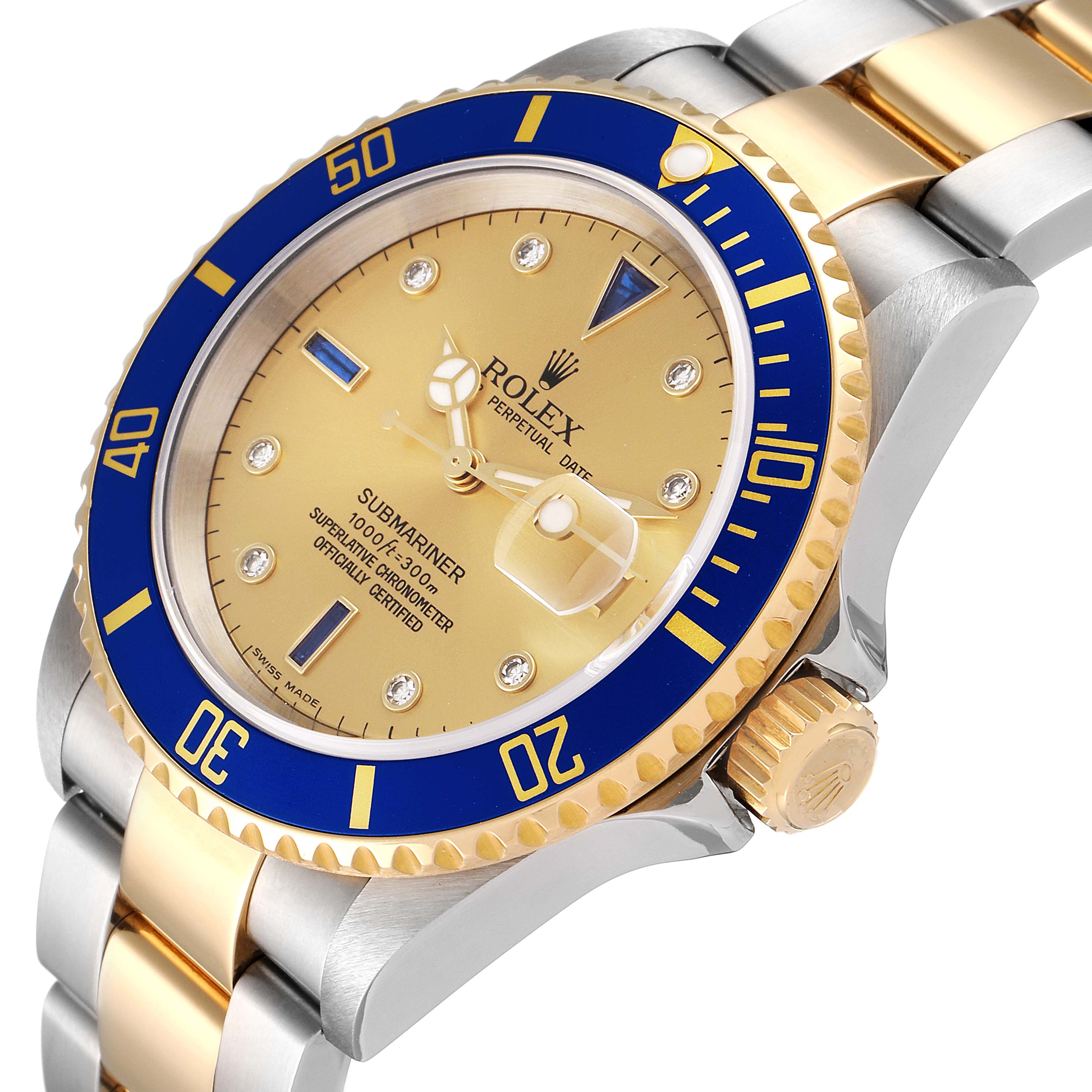 The Rolex Submariner 16613 Men's Steel and Gold (two tone) Champagne Dial 16613 Men's Steel and Gold (two tone) Champagne Dial watch is shown at a slight angle highlighting the gold dial, blue bezel, and two-tone bracelet.
