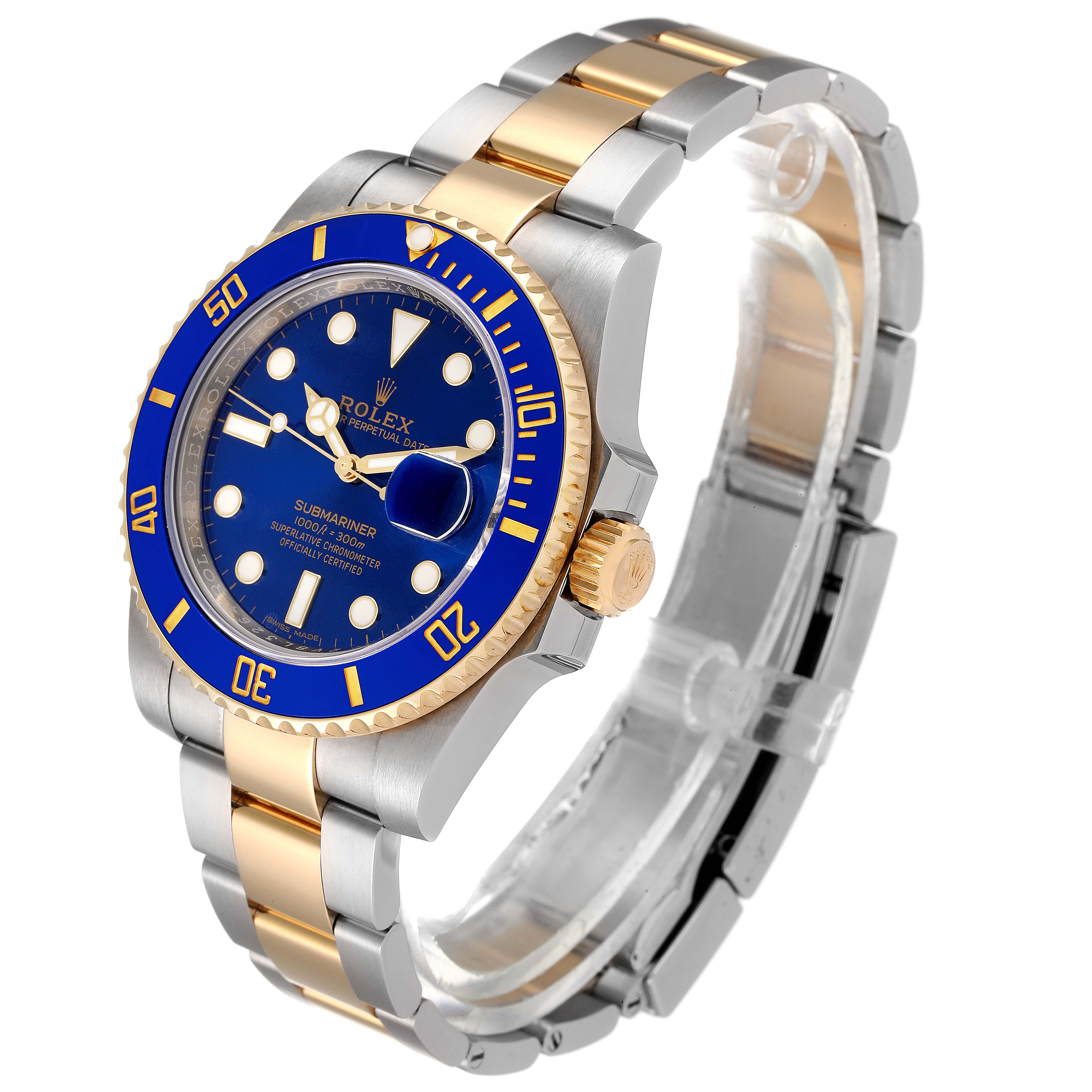 The image shows a Rolex Submariner 116613 Men
s Steel and Gold (two tone) Blue Dial 116613 Men
s Steel and Gold (two tone) Blue Dial watch at a three-quarter angle, showcasing its blue dial, bezel, and two-tone metal bracelet.