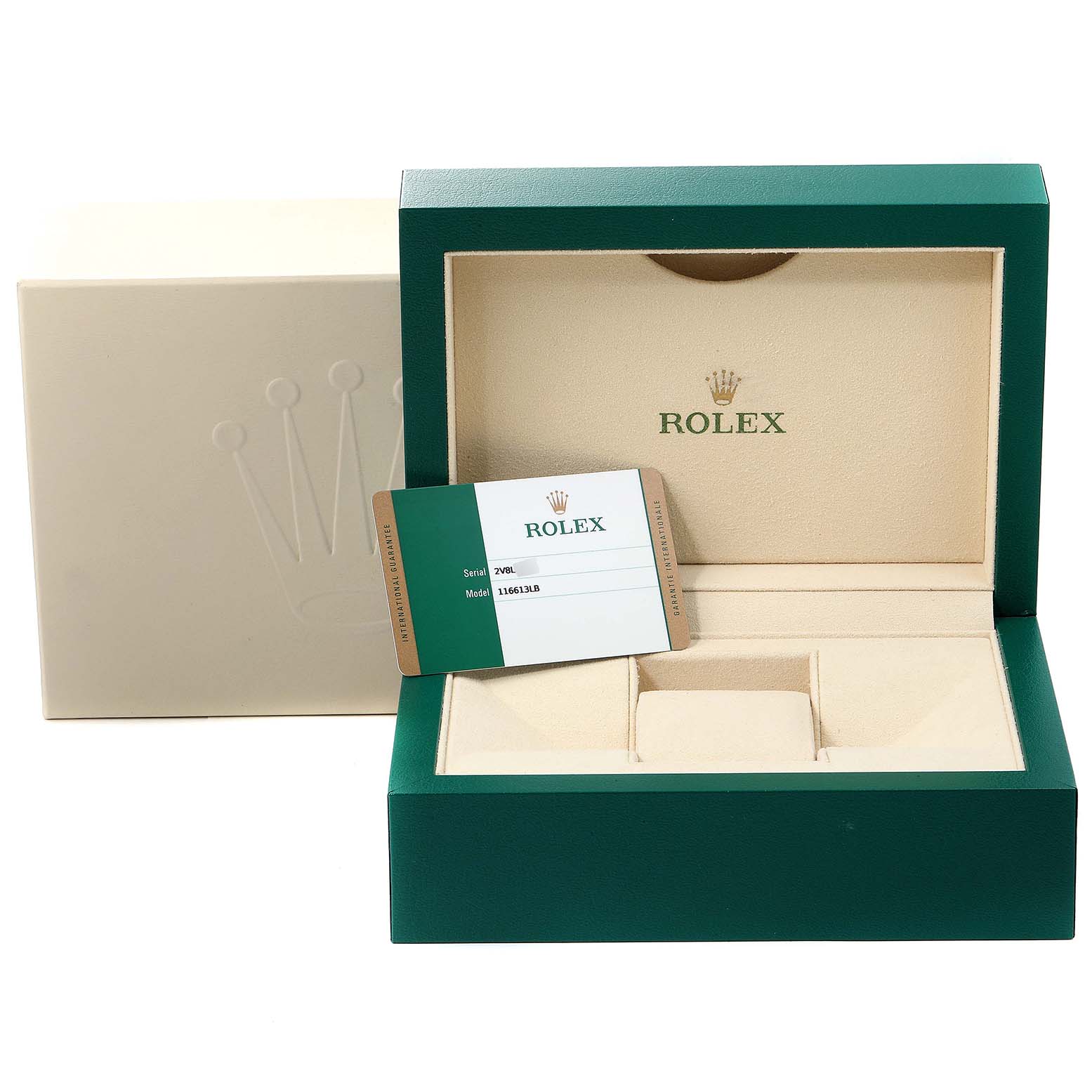 This image shows the packaging and certificate card for a Rolex Submariner 116613 Men
s Steel and Gold (two tone) Blue Dial 116613 Men
s Steel and Gold (two tone) Blue Dial watch, with the box open.