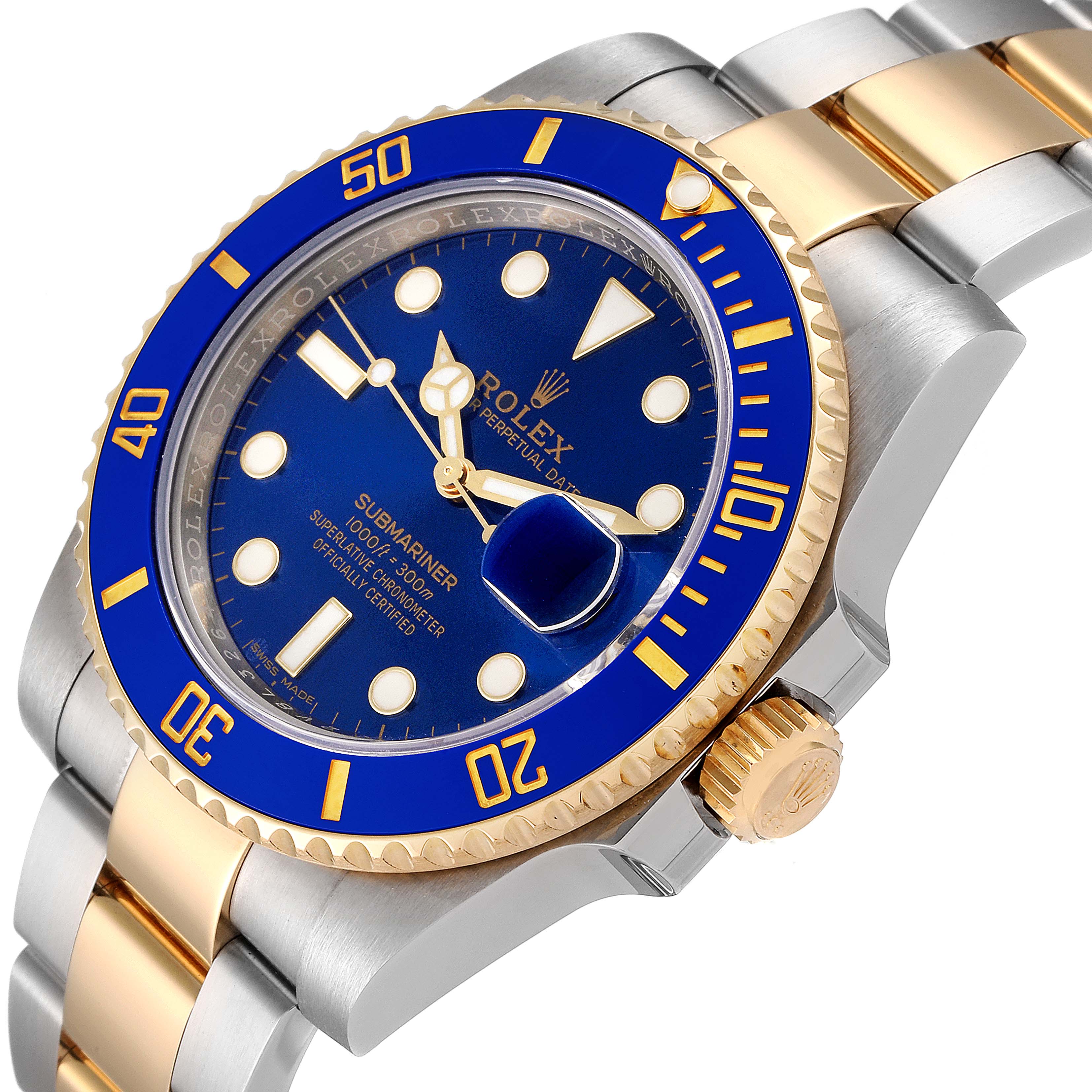 The image shows a Rolex Submariner 116613 Men
s Steel and Gold (two tone) Blue Dial 116613 Men
s Steel and Gold (two tone) Blue Dial watch at an angled view, highlighting the blue dial, blue bezel, and two-tone bracelet.