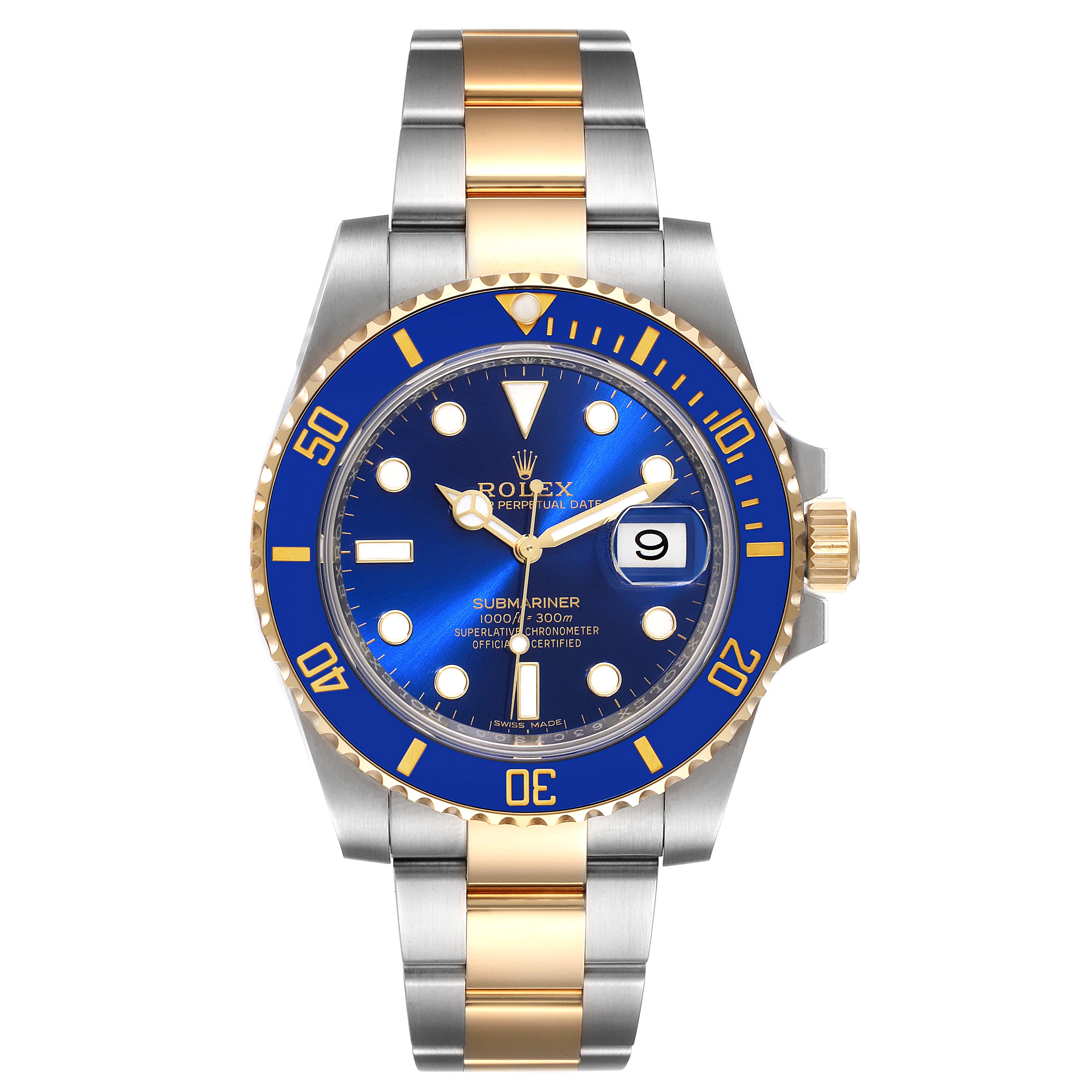 This image shows a front view of a Rolex Submariner 116613 Men
s Steel and Gold (two tone) Blue Dial 116613 Men
s Steel and Gold (two tone) Blue Dial watch with a blue dial, date display, and a two-tone bracelet.