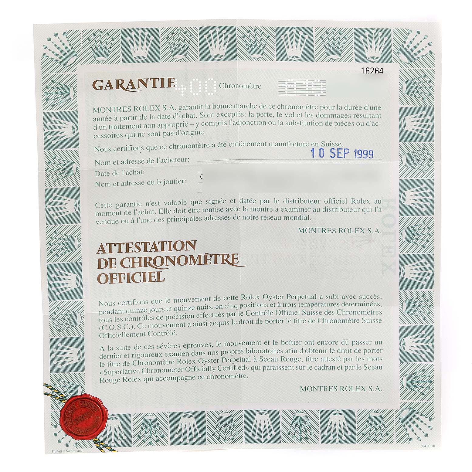 The image shows the certificate of Best Quality
ity and warranty documentation for a Rolex Turn-o-Graph 16264 Men
s Stainless Steel Blue Dial 16264 Men
s Stainless Steel Blue Dial model.