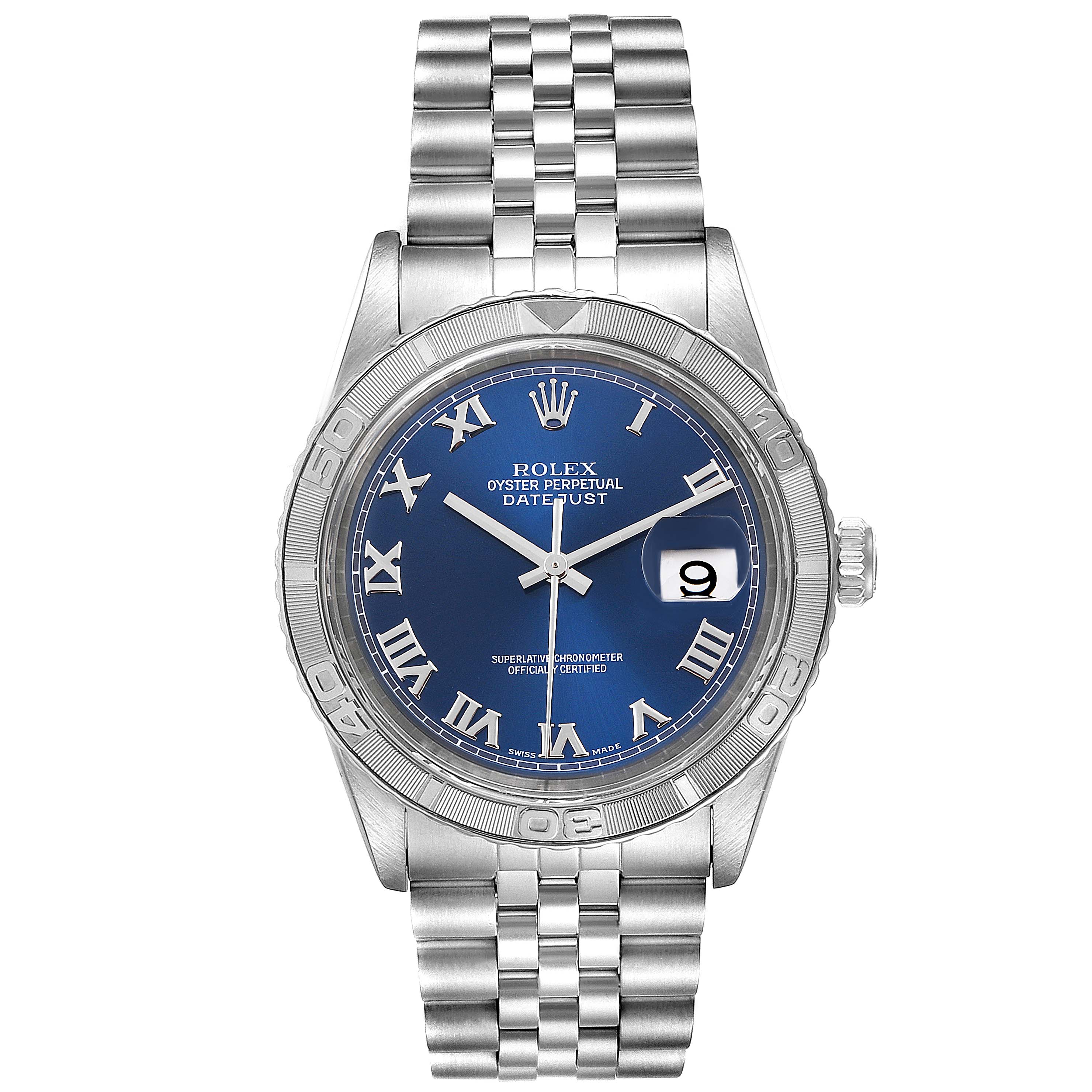 This image shows a Rolex Turn-o-Graph 16264 Men
s Stainless Steel Blue Dial 16264 Men
s Stainless Steel Blue Dial watch from a top-down angle, highlighting the dial, date window, and bracelet.