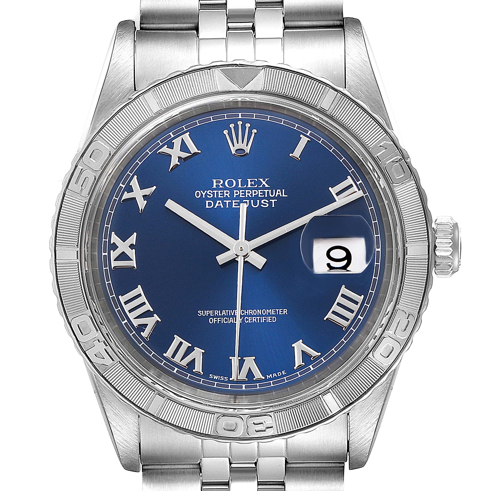 The Rolex Turn-o-Graph 16264 Men
s Stainless Steel Blue Dial 16264 Men
s Stainless Steel Blue Dial model watch is shown from a front angle, displaying the face, bezel, and part of the bracelet.