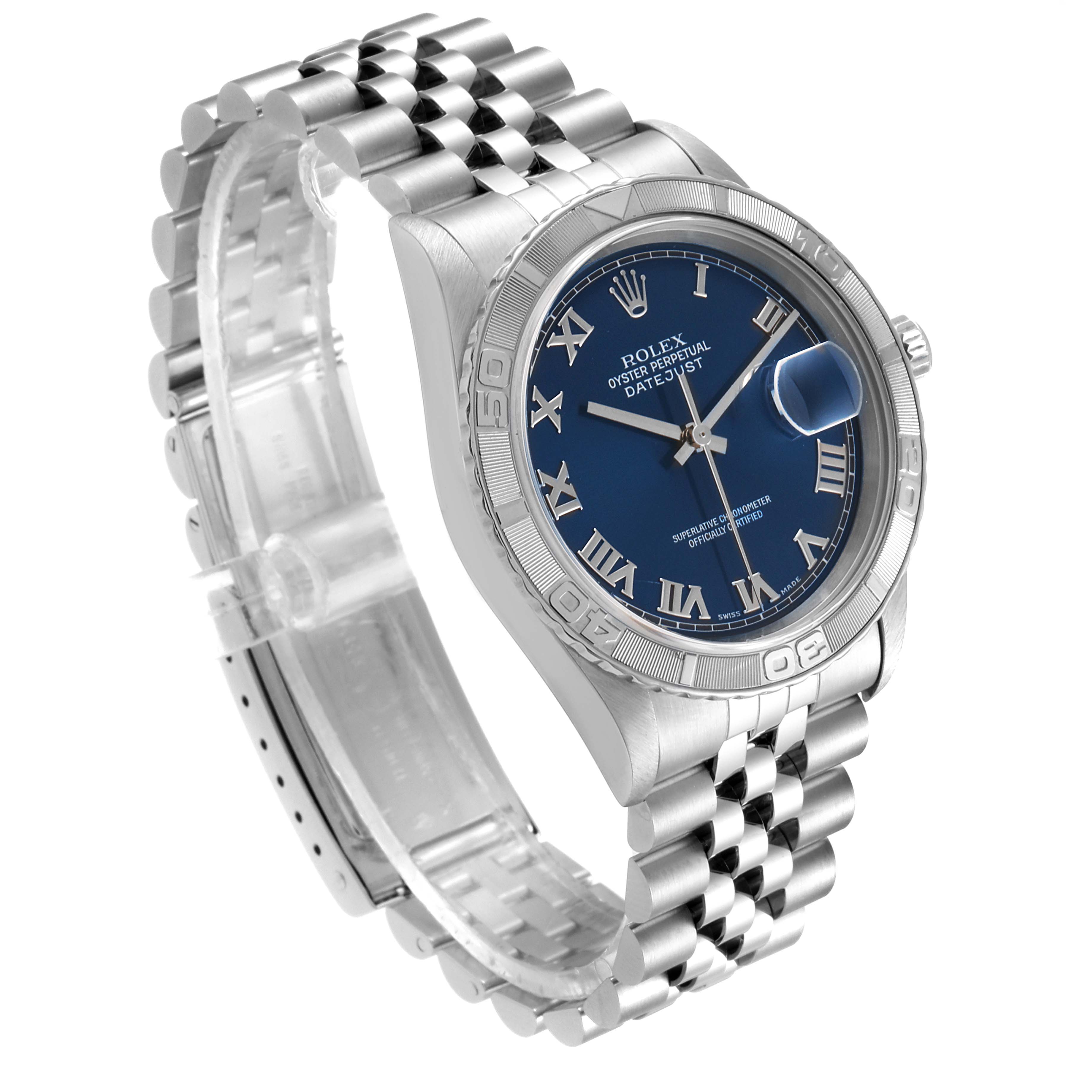 The Rolex Turn-o-Graph 16264 Men
s Stainless Steel Blue Dial 16264 Men
s Stainless Steel Blue Dial watch is angled showing the face, bezel, and part of the bracelet.