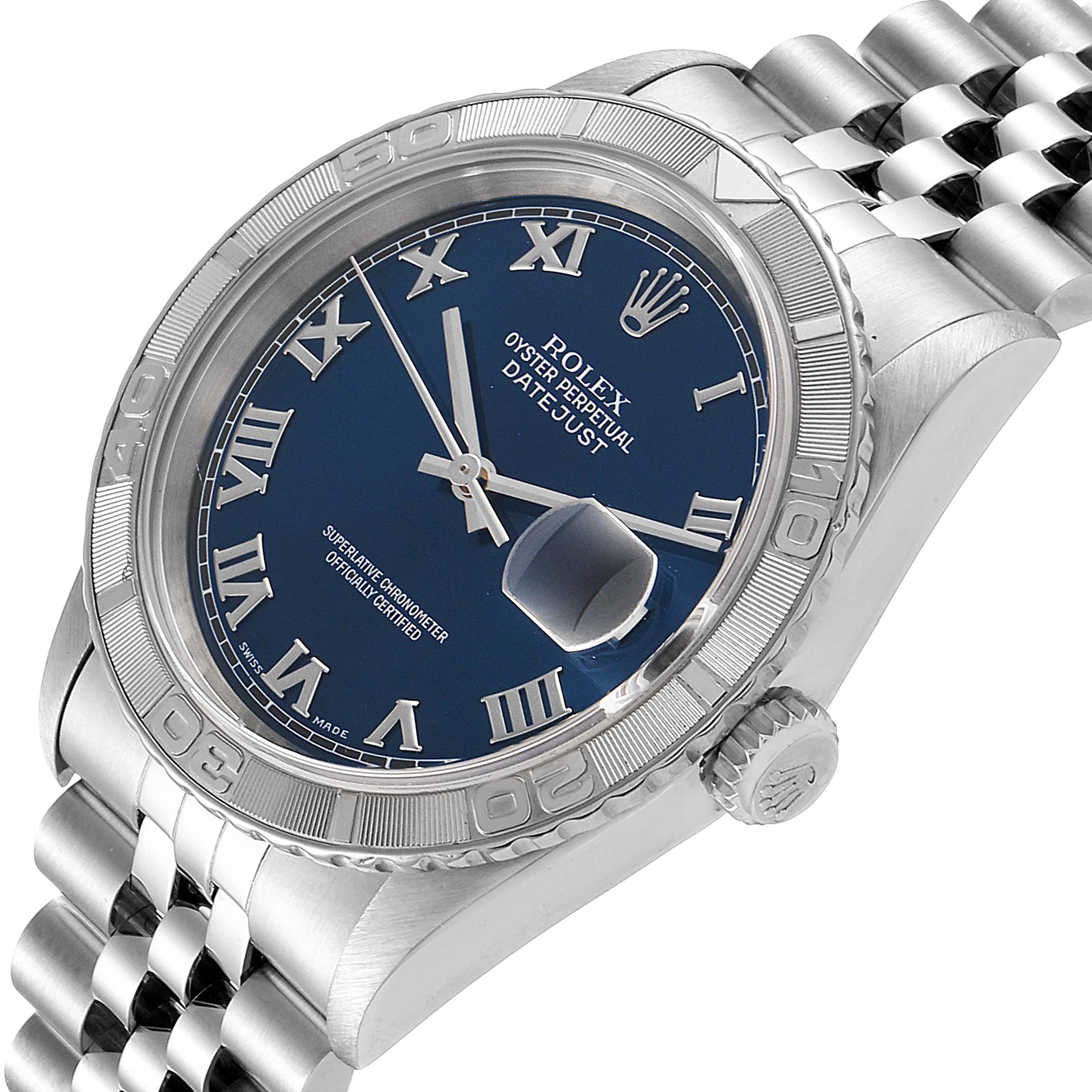 The image shows a Rolex Turn-o-Graph 16264 Men
s Stainless Steel Blue Dial 16264 Men
s Stainless Steel Blue Dial watch at a three-quarter angle, highlighting the dial, bezel, and part of the bracelet.