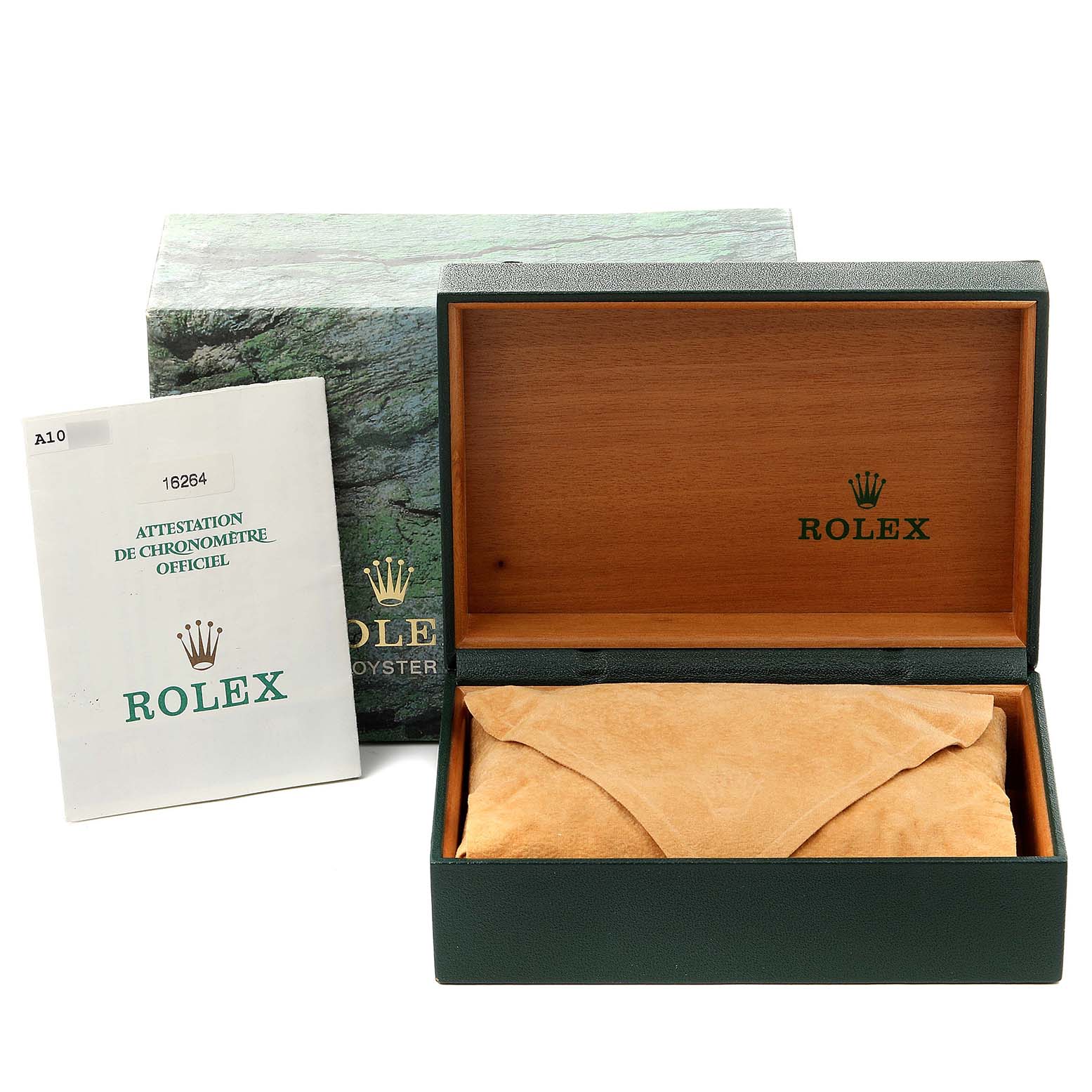 The image shows an open Rolex Turn-o-Graph 16264 Men
s Stainless Steel Blue Dial 16264 Men
s Stainless Steel Blue Dial watch box and its manual, with a suede pouch inside the box.