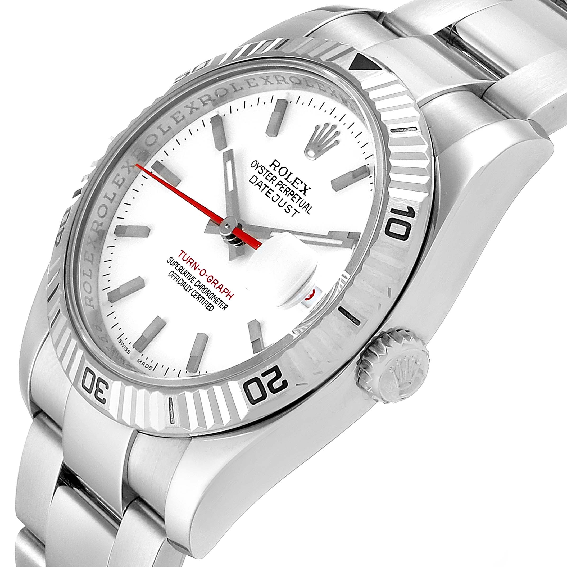 This image shows a close-up angled view of the Rolex Turn-o-Graph 116264 Men
s Stainless Steel White Dial 116264 Men
s Stainless Steel White Dial watch, featuring its dial, bezel, and part of the bracelet.