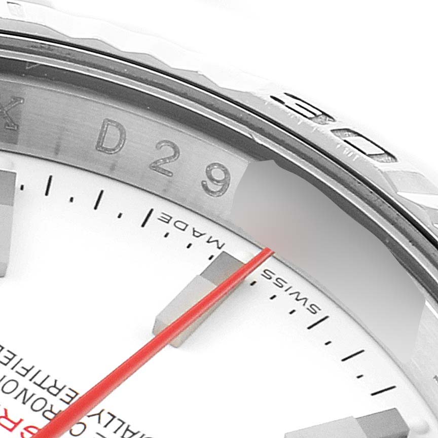 This image shows a close-up of the dial, bezel, and part of the red second hand of the Rolex Turn-o-Graph 116264 Men
s Stainless Steel White Dial 116264 Men
s Stainless Steel White Dial watch.