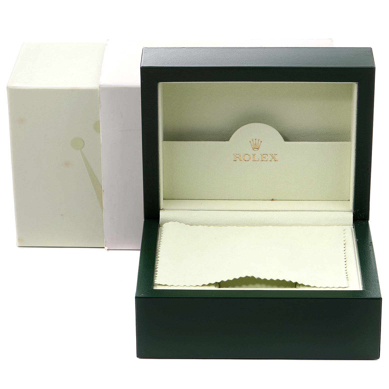 The image shows an open Rolex watch box for the Turn-o-Graph model, including a cleaning cloth and outer white box.