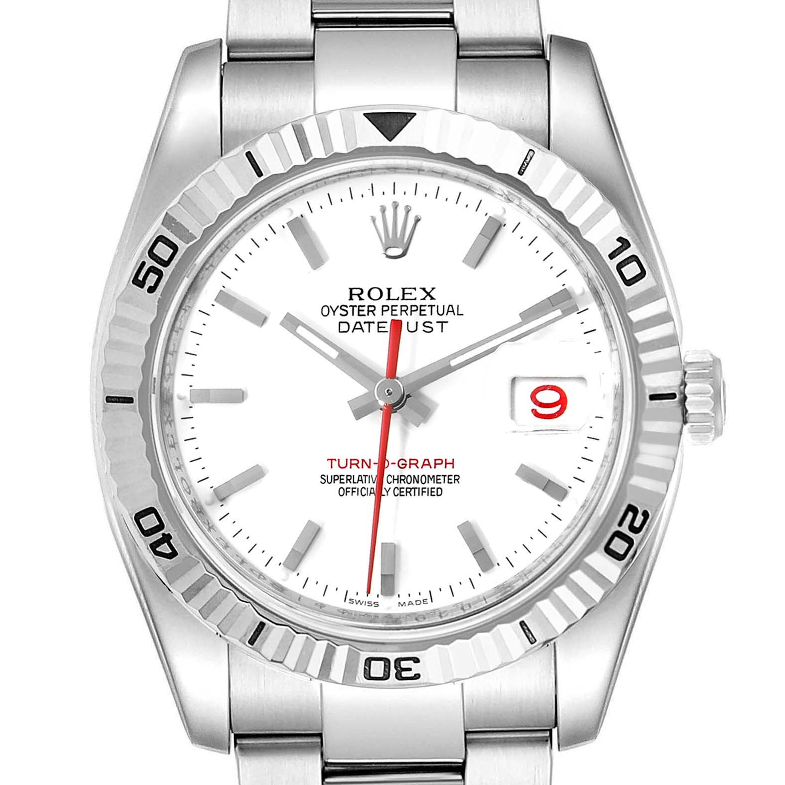 The image shows a front view of a Rolex Turn-o-Graph 116264 Men
s Stainless Steel White Dial 116264 Men
s Stainless Steel White Dial watch, highlighting the face, bezel, and part of the bracelet.