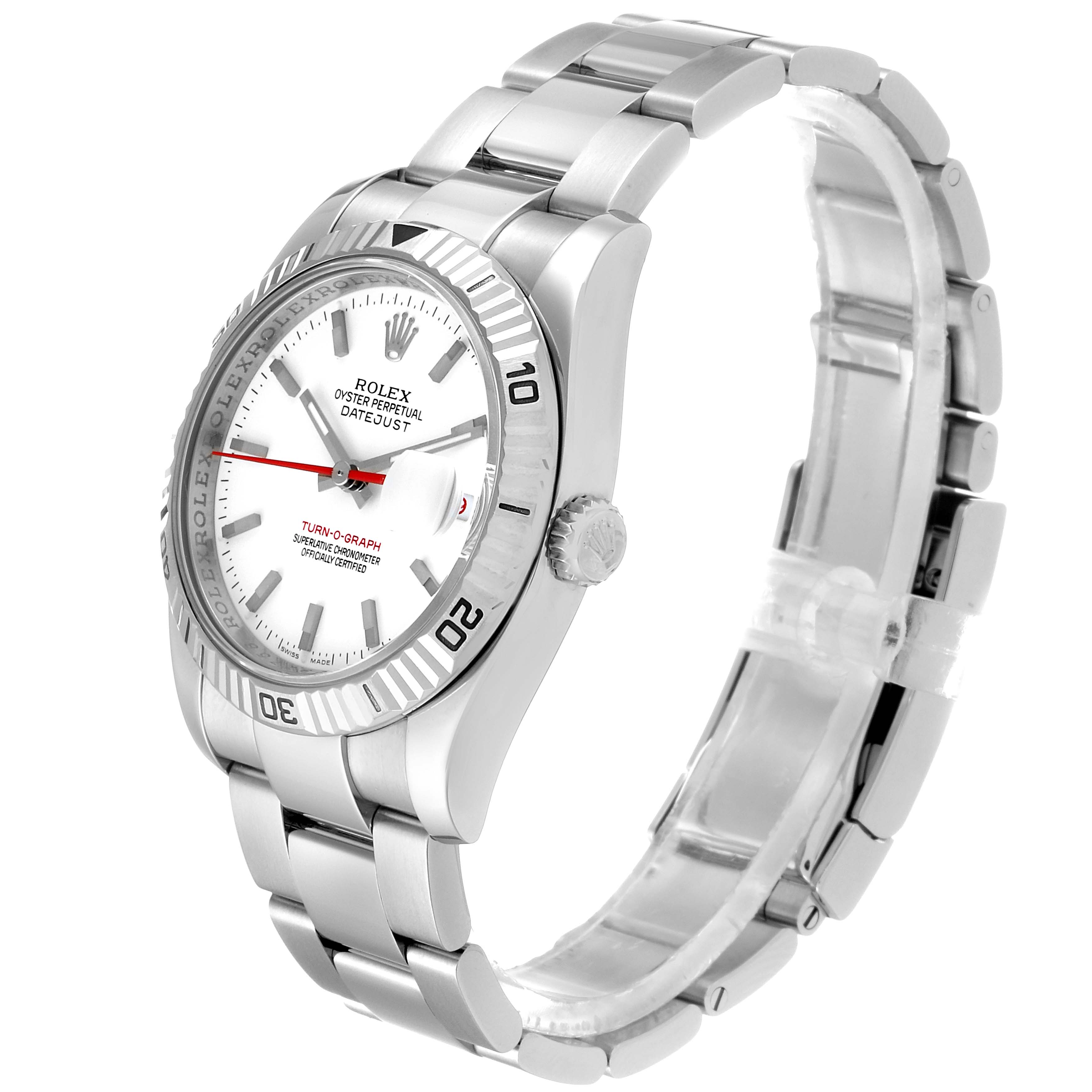 The Rolex Turn-o-Graph 116264 Men
s Stainless Steel White Dial 116264 Men
s Stainless Steel White Dial watch is shown at a side angle, highlighting its face, bezel, crown, and metal bracelet.