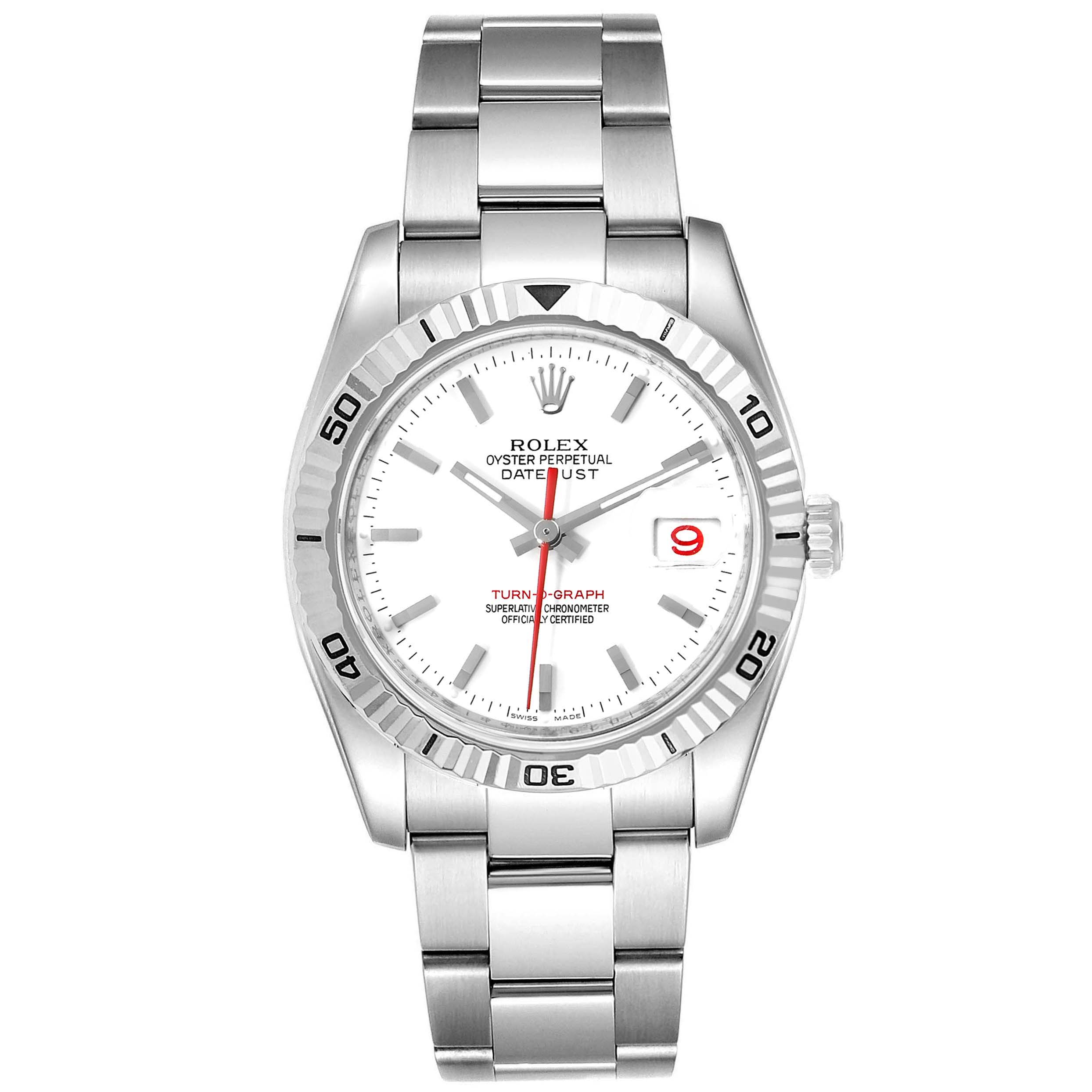 This image shows a front view of a Rolex Turn-o-Graph 116264 Men
s Stainless Steel White Dial 116264 Men
s Stainless Steel White Dial watch, displaying the dial, bezel, bracelet, and crown.