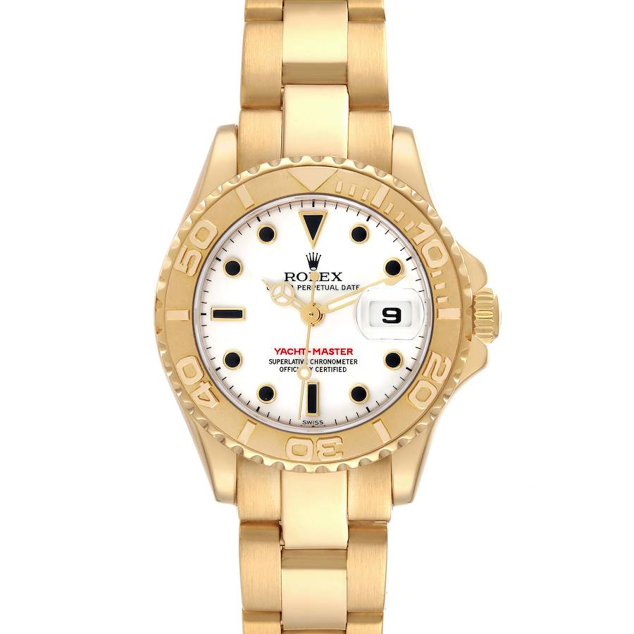 The Rolex Yacht-Master watch is shown from the front, displaying its face, bezel, and bracelet.